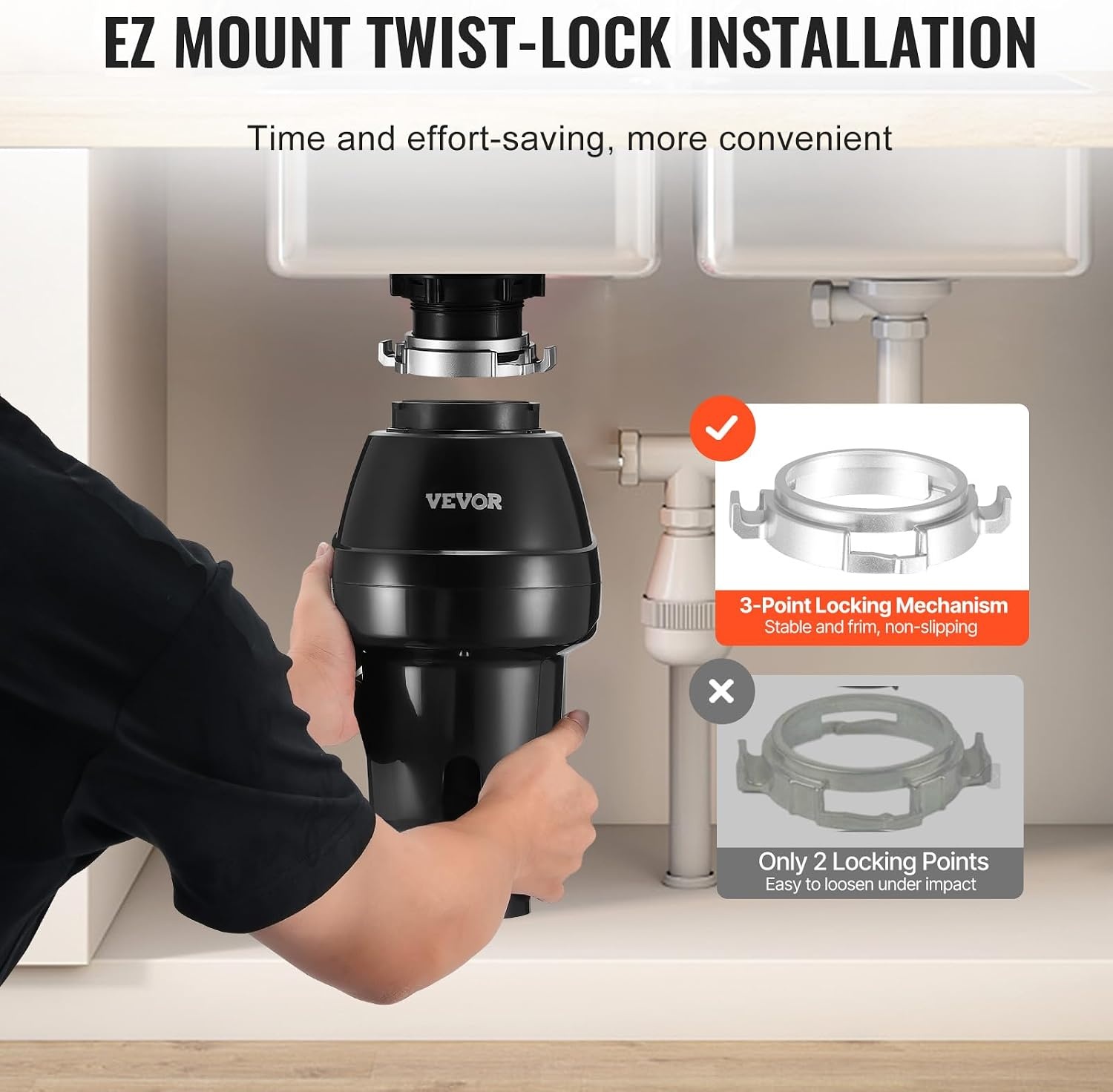 image:imageVEVOR JW301 Garbage 12HP 3450RPM DC Motor Continuous Feed Sink Disposer EZ Connect Food Waste Grinding System with Power Cord and Splash Guard for Kitchen Black34HP 3250RPM