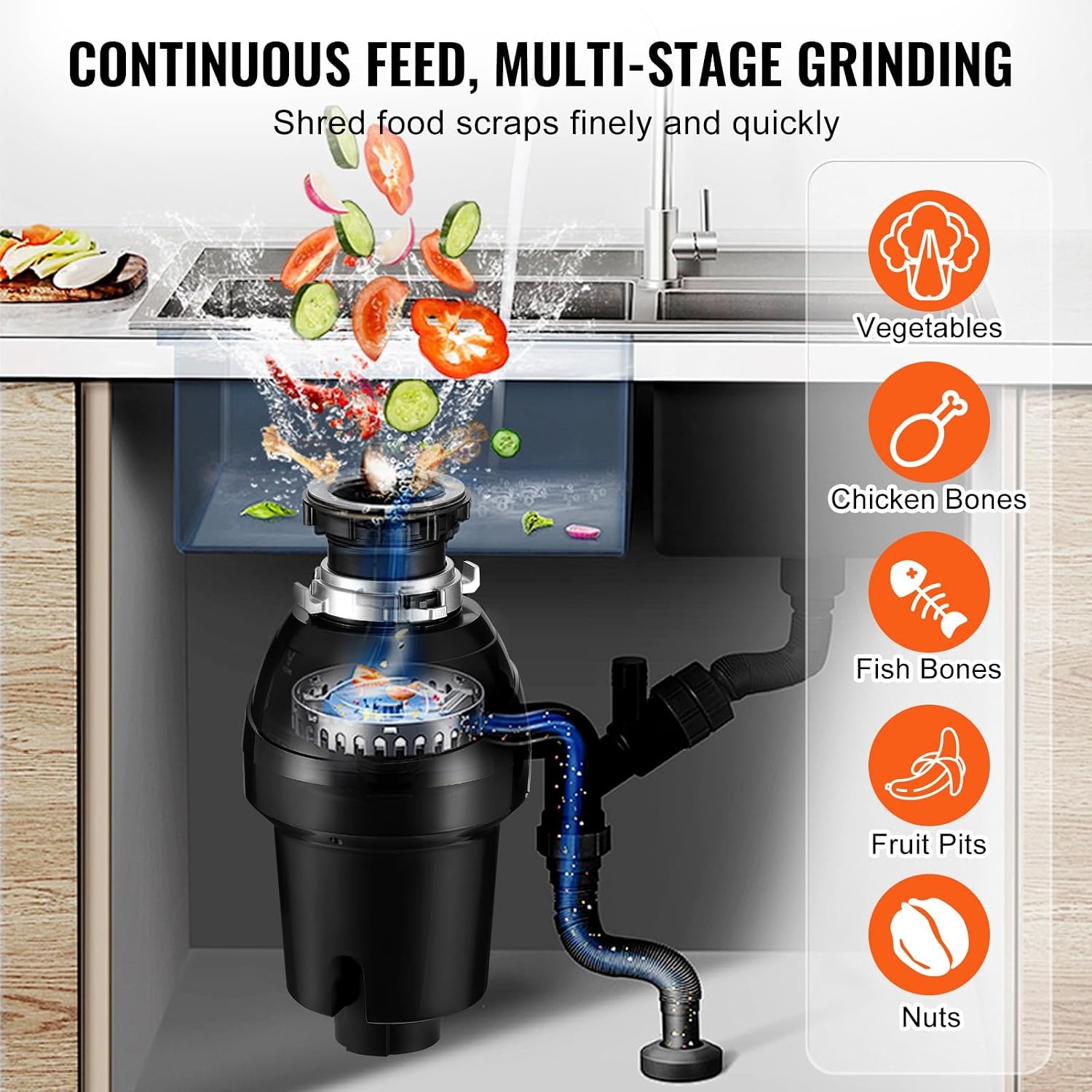 image:imageVEVOR JW301 Garbage 12HP 3450RPM DC Motor Continuous Feed Sink Disposer EZ Connect Food Waste Grinding System with Power Cord and Splash Guard for Kitchen Black1HP 3270RPM