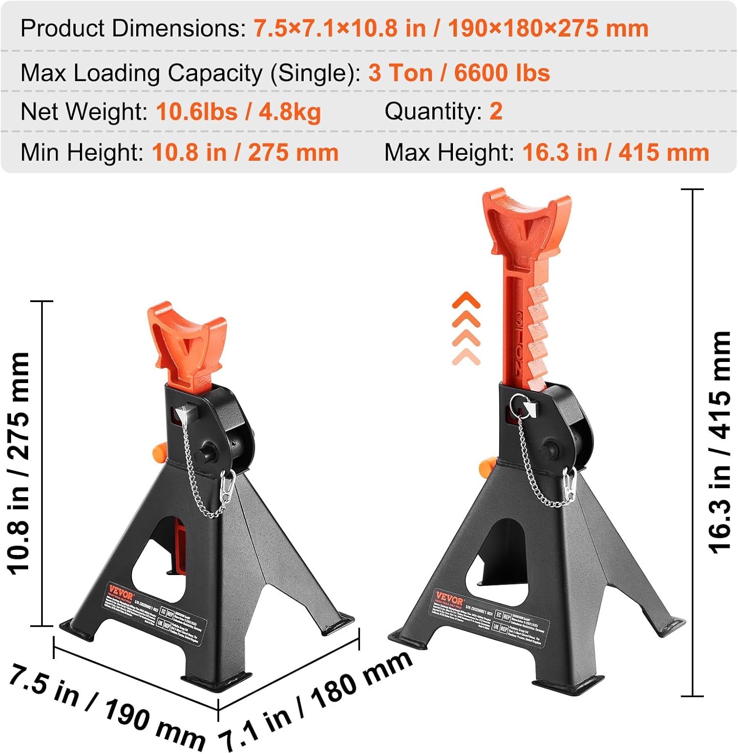 image:imageVEVOR Jack Stands 3 Ton 6000 lbs Capacity Car Jack Stands 108163 inch Adjustable Height for lifting SUV Pickup Truck Car and UTVATV Red 1 Pair 108163 inch Adjustable Height for Lifting SUV Pickup Truck Car and UTVATV Red3T 2Locking
