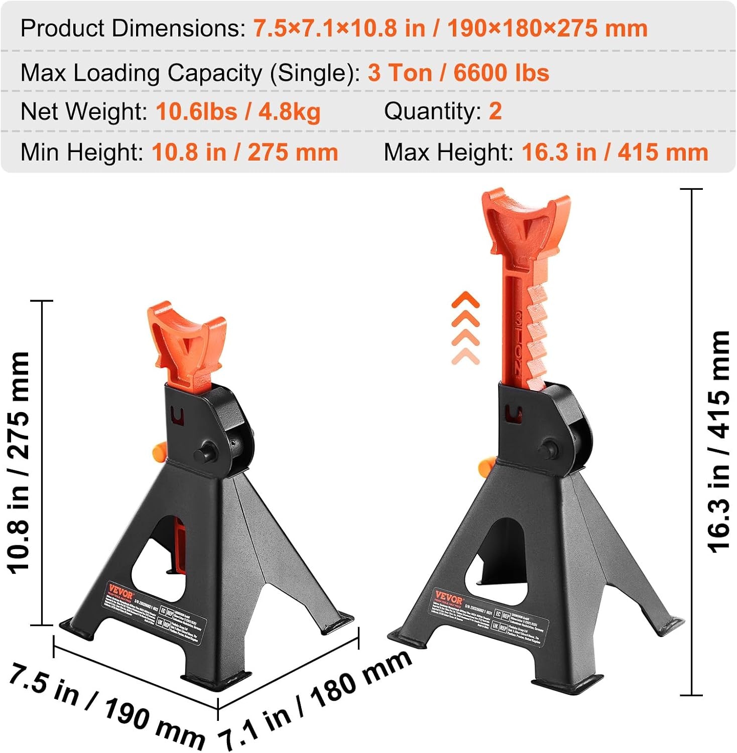image:imageVEVOR Jack Stands 3 Ton 6000 lbs Capacity Car Jack Stands 108163 inch Adjustable Height for lifting SUV Pickup Truck Car and UTVATV Red 1 Pair 108163 inch Adjustable Height for Lifting SUV Pickup Truck Car and UTVATV Red3T Single Locking