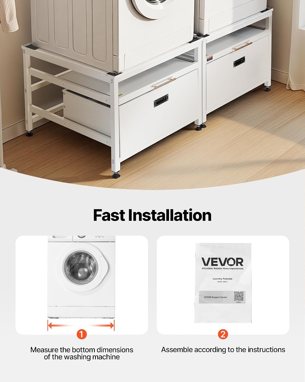 image:imageVEVOR Laundry Pedestal 161 in Height 275 x 275 in Washer and Dryer Pedestals with Storage Shelf 700 lbs Load Capacity NonSlip Feet Washing Machine Stand Universal Fit White 2 PackPedestal w Drawer Shelf 2 Pack