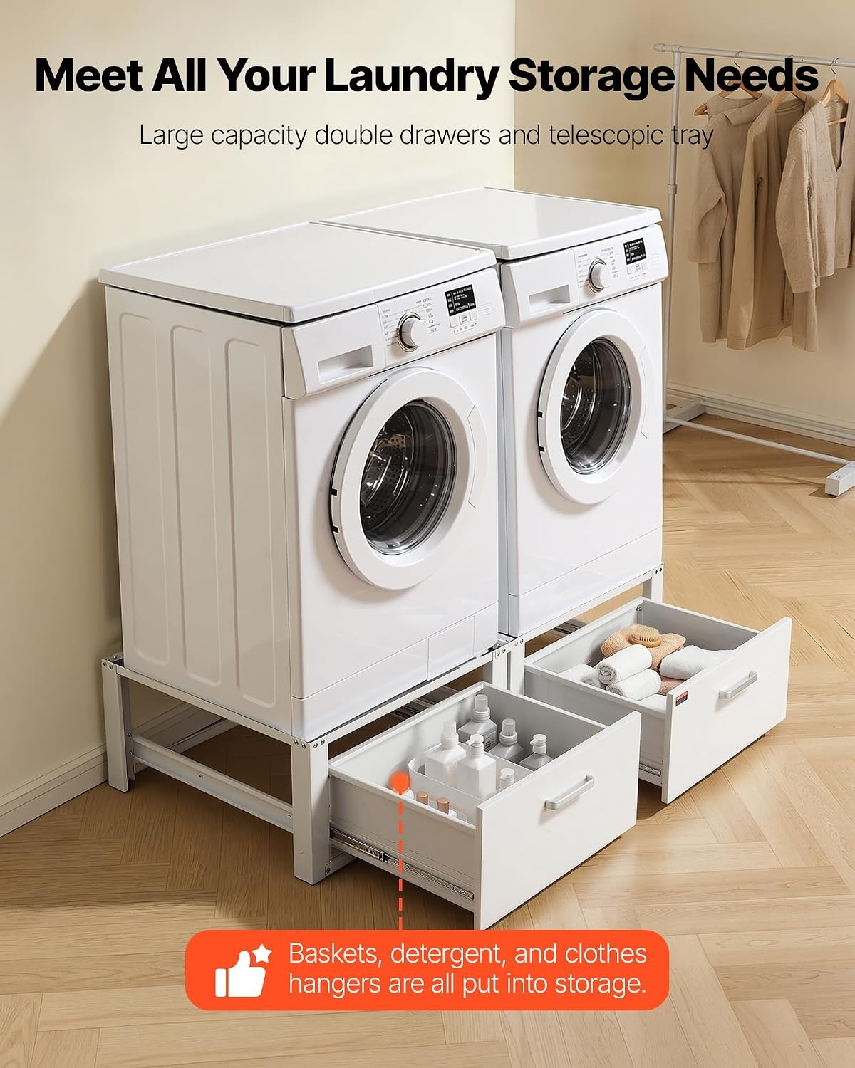 image:imageVEVOR Laundry Pedestal 161 in Height 275 x 275 in Washer and Dryer Pedestals with Storage Shelf 700 lbs Load Capacity NonSlip Feet Washing Machine Stand Universal Fit White 2 PackPedestal w Drawer 2 Pack