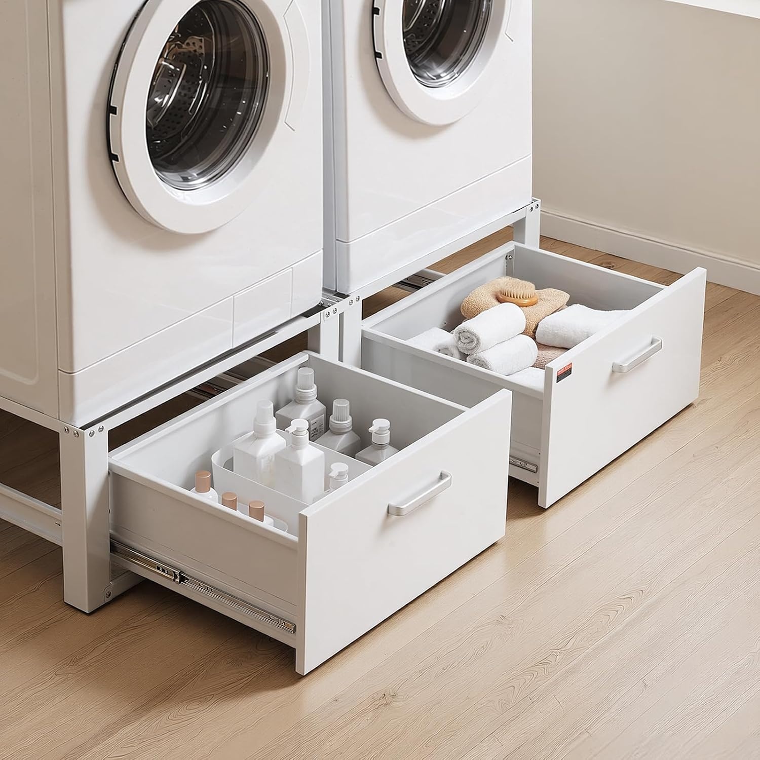 image:imageVEVOR Laundry Pedestal 161 in Height 275 x 275 in Washer and Dryer Pedestals with Storage Shelf 700 lbs Load Capacity NonSlip Feet Washing Machine Stand Universal Fit White 2 PackPedestal w Drawer 2 Pack