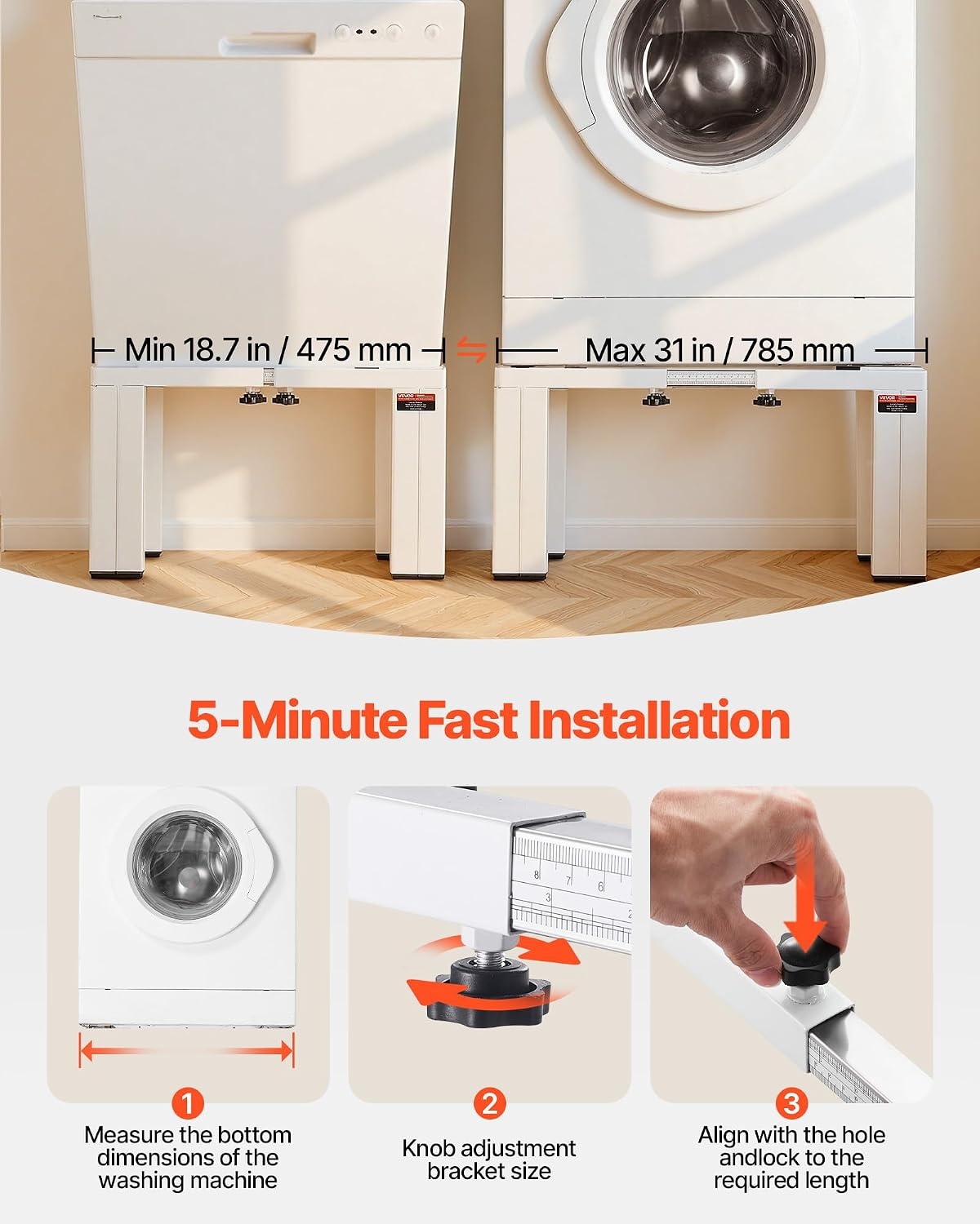 image:imageVEVOR Laundry Pedestal 161 in Height 275 x 275 in Washer and Dryer Pedestals with Storage Shelf 700 lbs Load Capacity NonSlip Feet Washing Machine Stand Universal Fit White 2 PackAdjustable Pedestal 12H