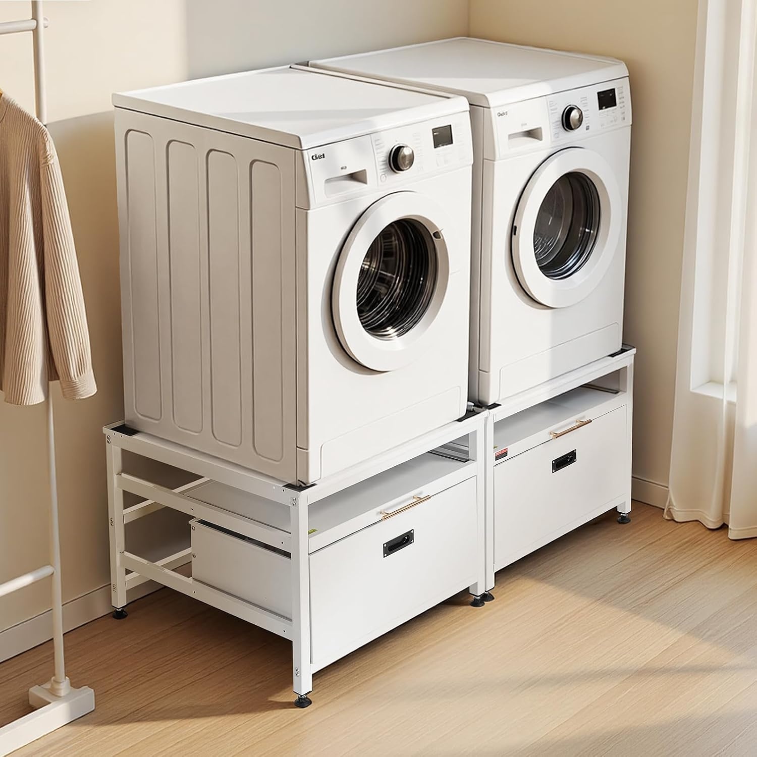 image:imageVEVOR Laundry Pedestal 161 in Height 275 x 275 in Washer and Dryer Pedestals with Storage Shelf 700 lbs Load Capacity NonSlip Feet Washing Machine Stand Universal Fit White 2 PackPedestal w Drawer Shelf 2 Pack