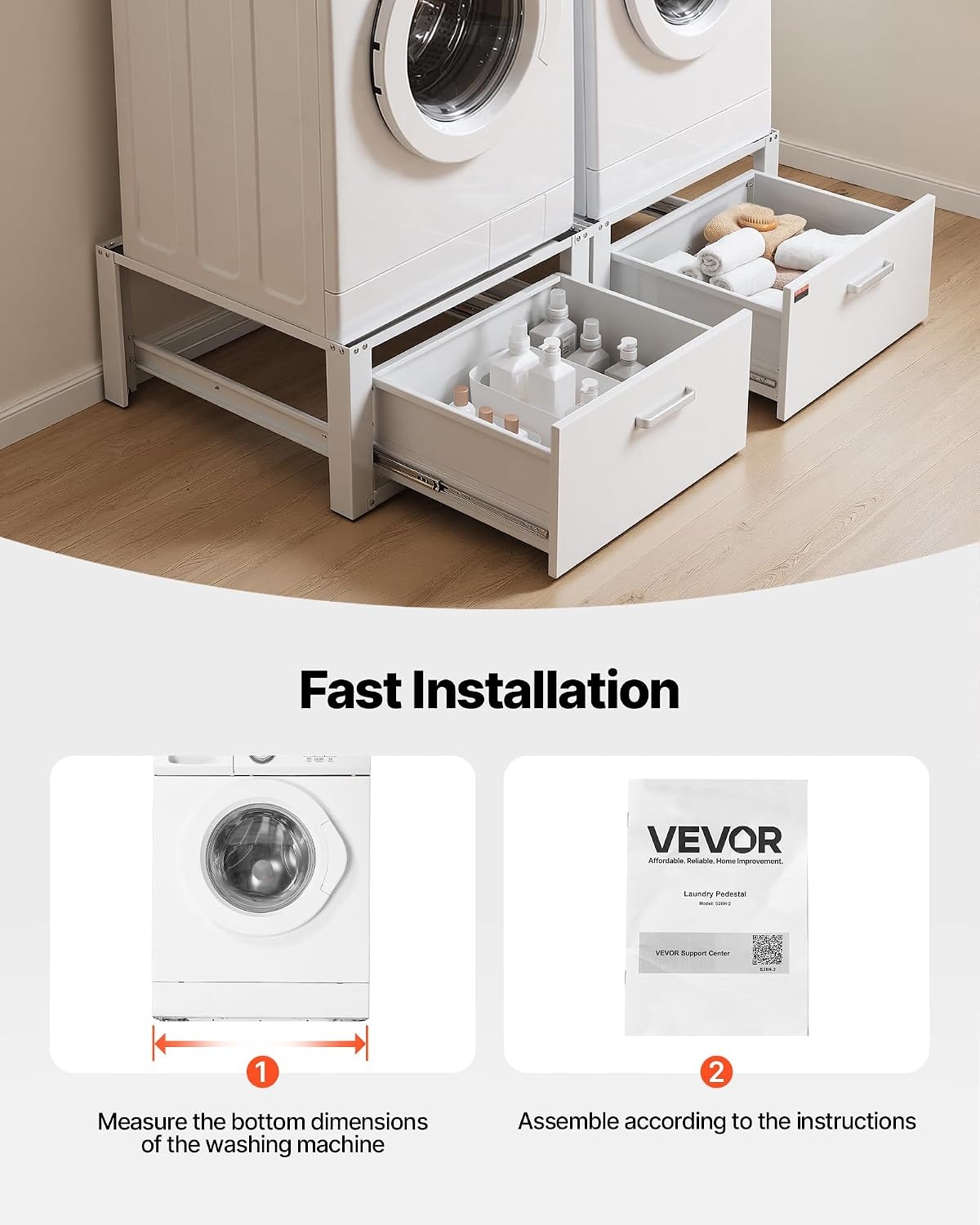 image:imageVEVOR Laundry Pedestal 161 in Height 275 x 275 in Washer and Dryer Pedestals with Storage Shelf 700 lbs Load Capacity NonSlip Feet Washing Machine Stand Universal Fit White 2 PackPedestal w Drawer 2 Pack