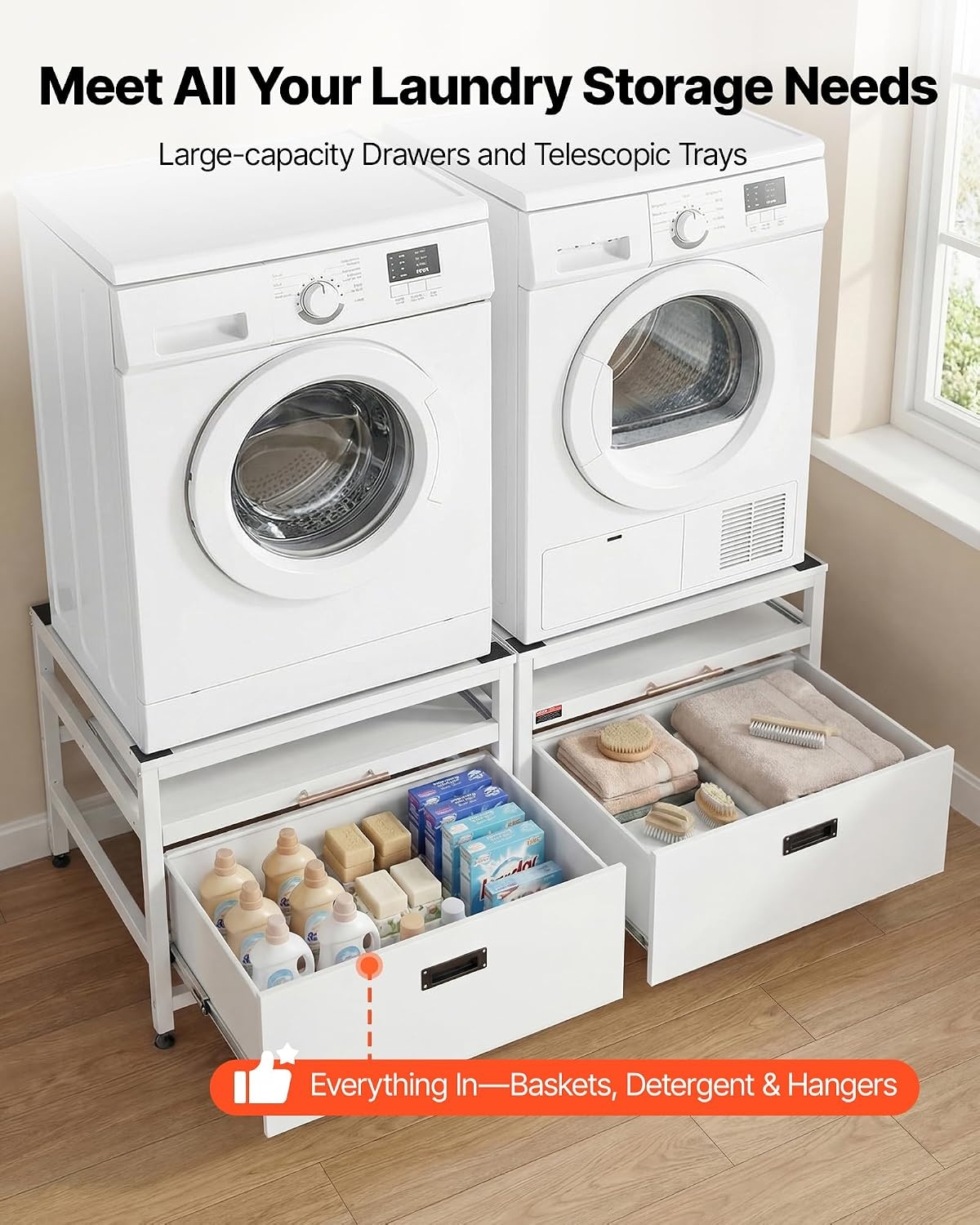 image:imageVEVOR Laundry Pedestal 161 in Height 275 x 275 in Washer and Dryer Pedestals with Storage Shelf 700 lbs Load Capacity NonSlip Feet Washing Machine Stand Universal Fit White 2 PackPedestal w Drawer Shelf 2 Pack