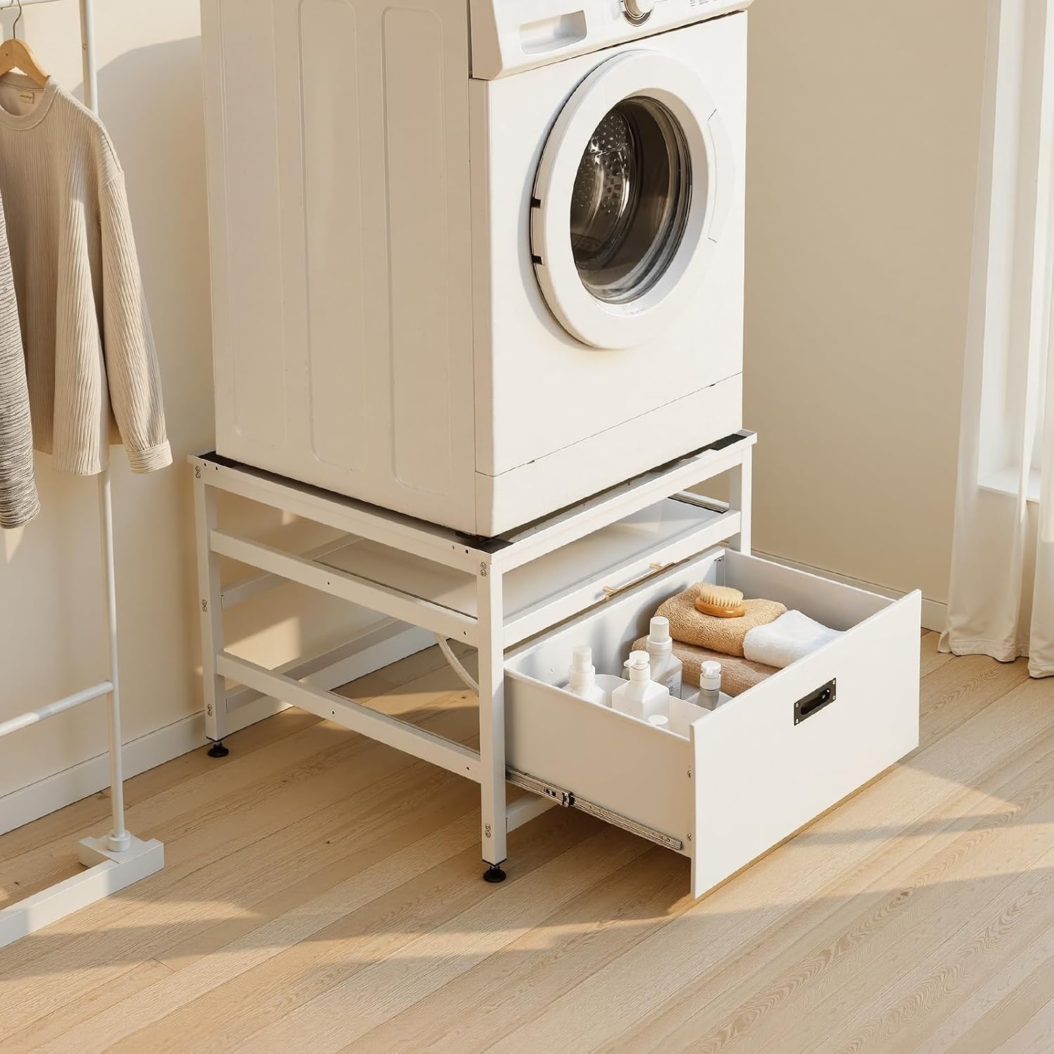 image:imageVEVOR Laundry Pedestal 161 in Height 275 x 275 in Washer and Dryer Pedestals with Storage Shelf 700 lbs Load Capacity NonSlip Feet Washing Machine Stand Universal Fit White 2 PackPedestal w Drawer Shelf