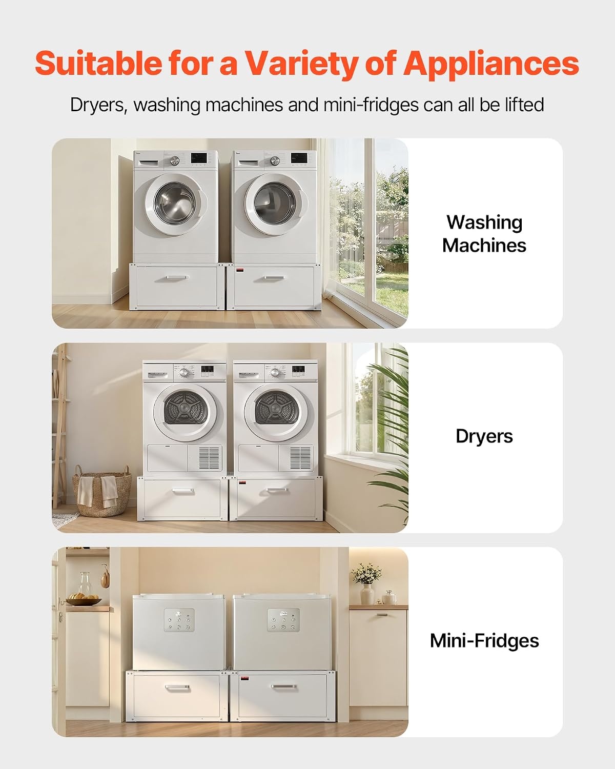 image:imageVEVOR Laundry Pedestal 161 in Height 275 x 275 in Washer and Dryer Pedestals with Storage Shelf 700 lbs Load Capacity NonSlip Feet Washing Machine Stand Universal Fit White 2 PackPedestal w Drawer 2 Pack