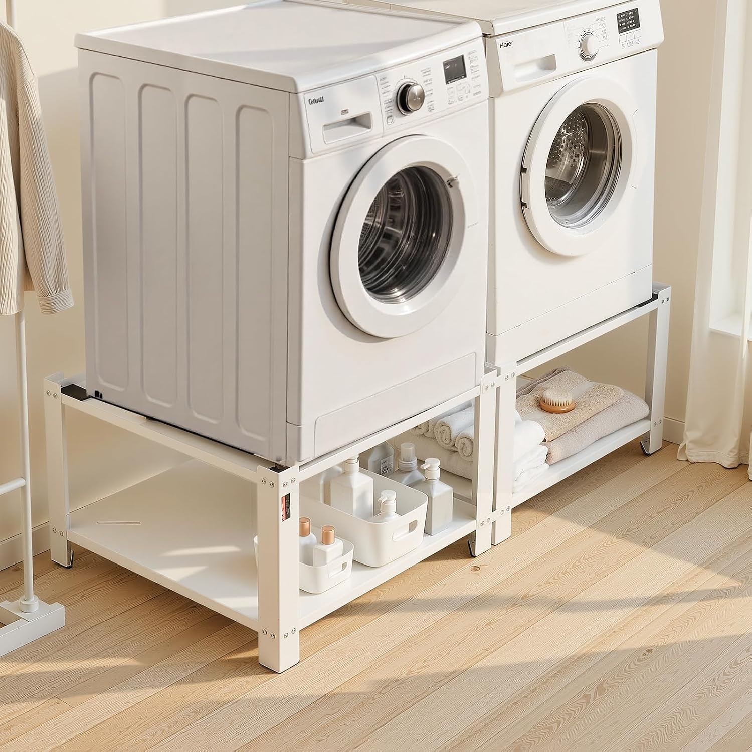 image:imageVEVOR Laundry Pedestal 161 in Height 275 x 275 in Washer and Dryer Pedestals with Storage Shelf 700 lbs Load Capacity NonSlip Feet Washing Machine Stand Universal Fit White 2 PackPedestal w Storage Shelf 2 Pack