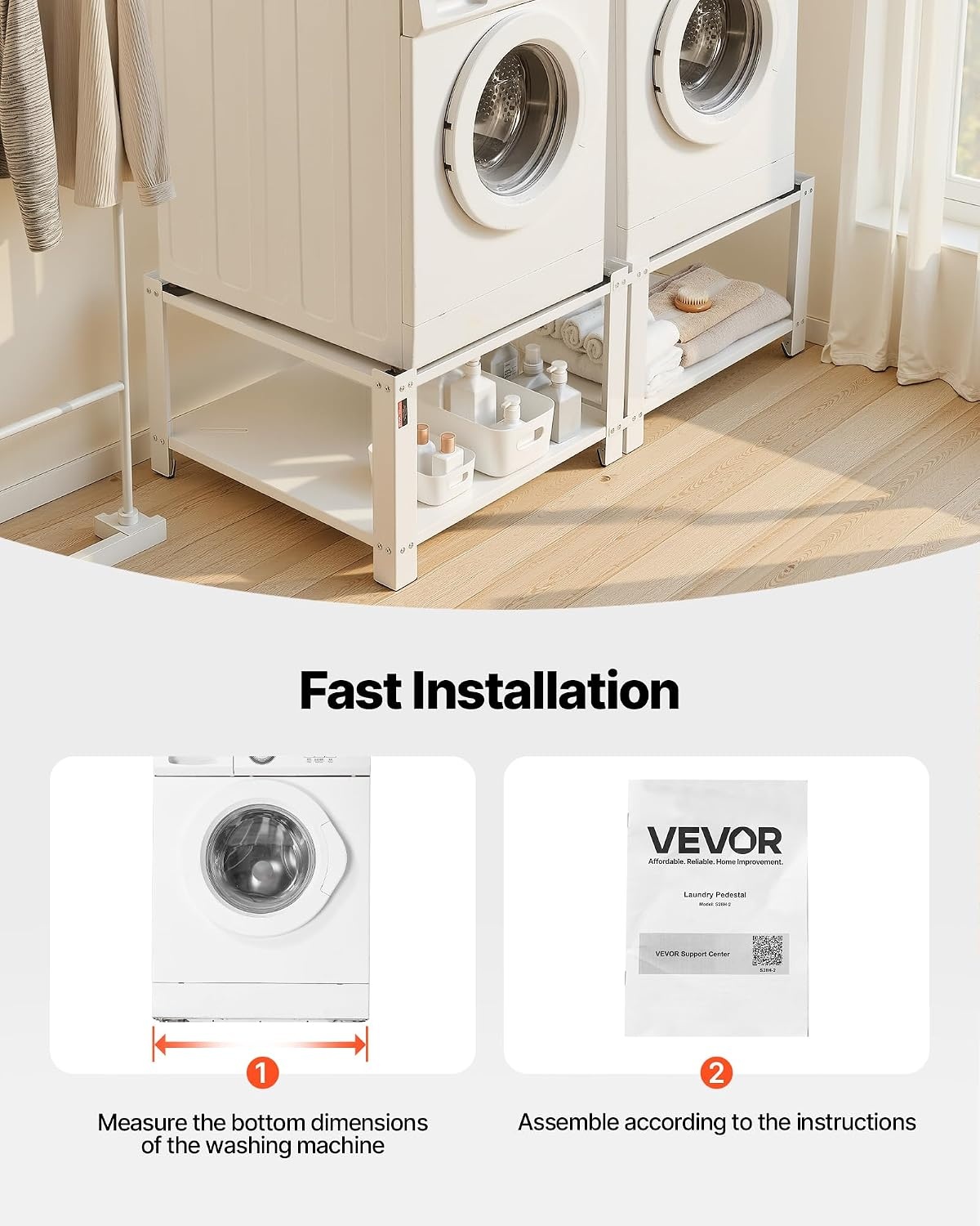 image:imageVEVOR Laundry Pedestal 161 in Height 275 x 275 in Washer and Dryer Pedestals with Storage Shelf 700 lbs Load Capacity NonSlip Feet Washing Machine Stand Universal Fit White 2 PackPedestal w Storage Shelf 2 Pack
