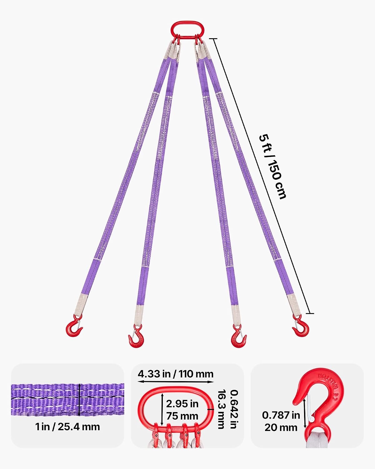 image:imageVEVOR Lifting Sling Straps with Hooks Polyester Bridle Sling 6600LB Capacity Four Leg 5Ft Heavy Duty Rigging Strap Thickened amp WearResistant Webbing Slings for Engines Cranes Hoists Truck4Leg 6600LBS