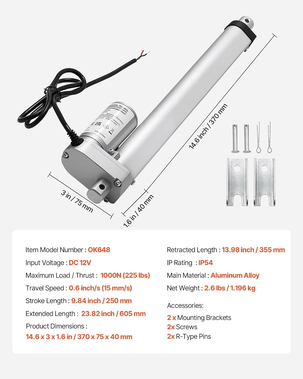 image:imageVEVOR Linear Actuator 12V 12 Inch High Speed 055s Linear Actuator 220lbs1000N Linear Motion Actuator with Mounting Bracket and IP54 Protection10 Inch