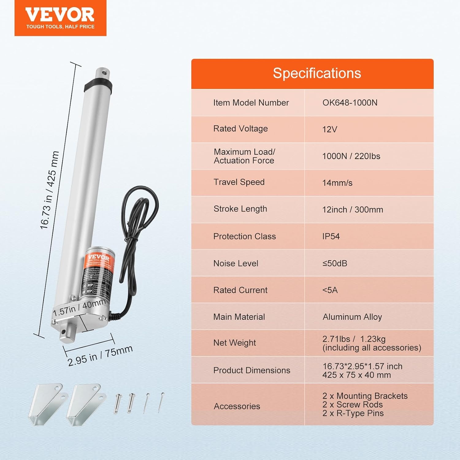 image:imageVEVOR Linear Actuator 12V 12 Inch High Speed 055s Linear Actuator 220lbs1000N Linear Motion Actuator with Mounting Bracket and IP54 Protection12 Inch