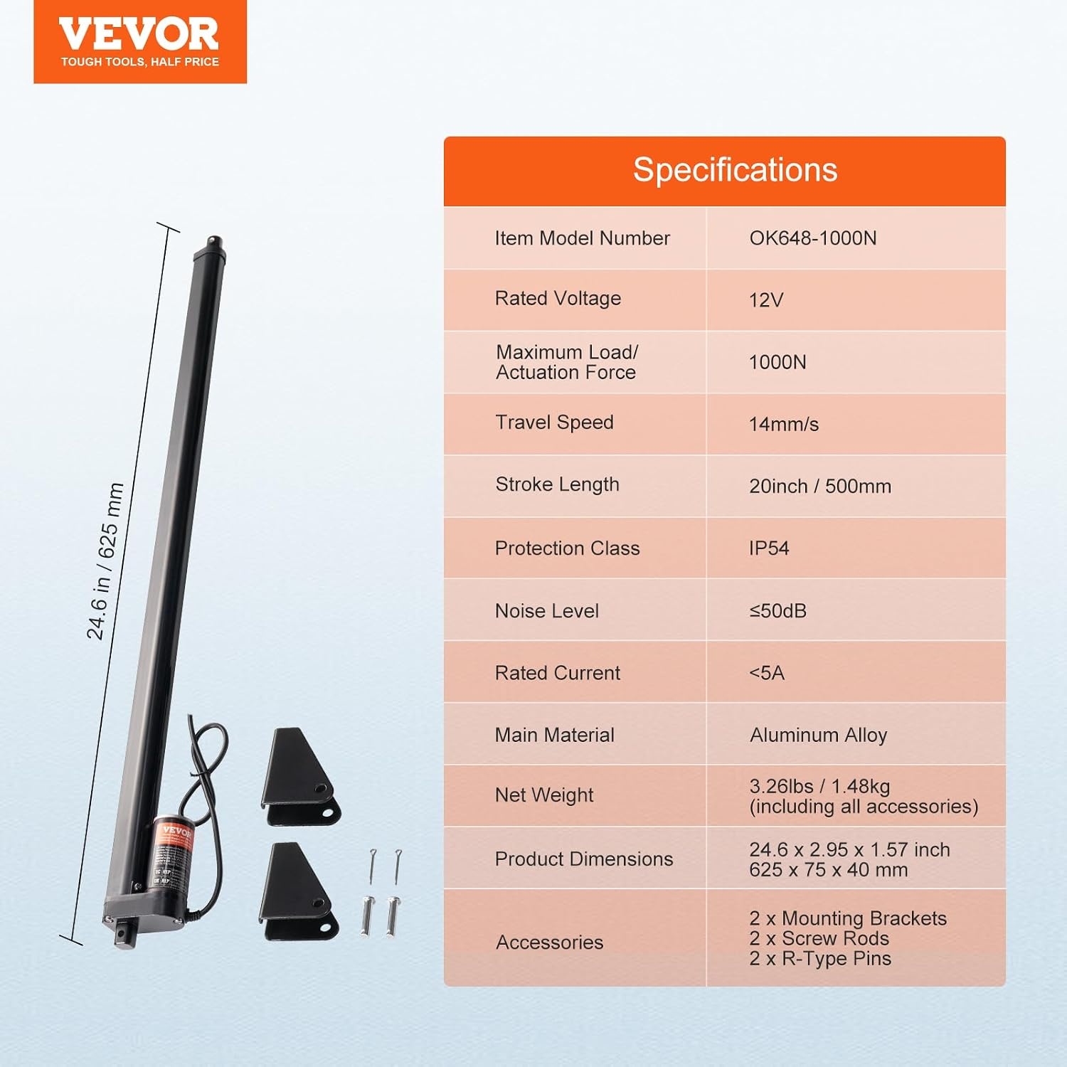 image:imageVEVOR Linear Actuator 12V 12 Inch High Speed 055s Linear Actuator 220lbs1000N Linear Motion Actuator with Mounting Bracket and IP54 Protection246 x 295 x 157 inch