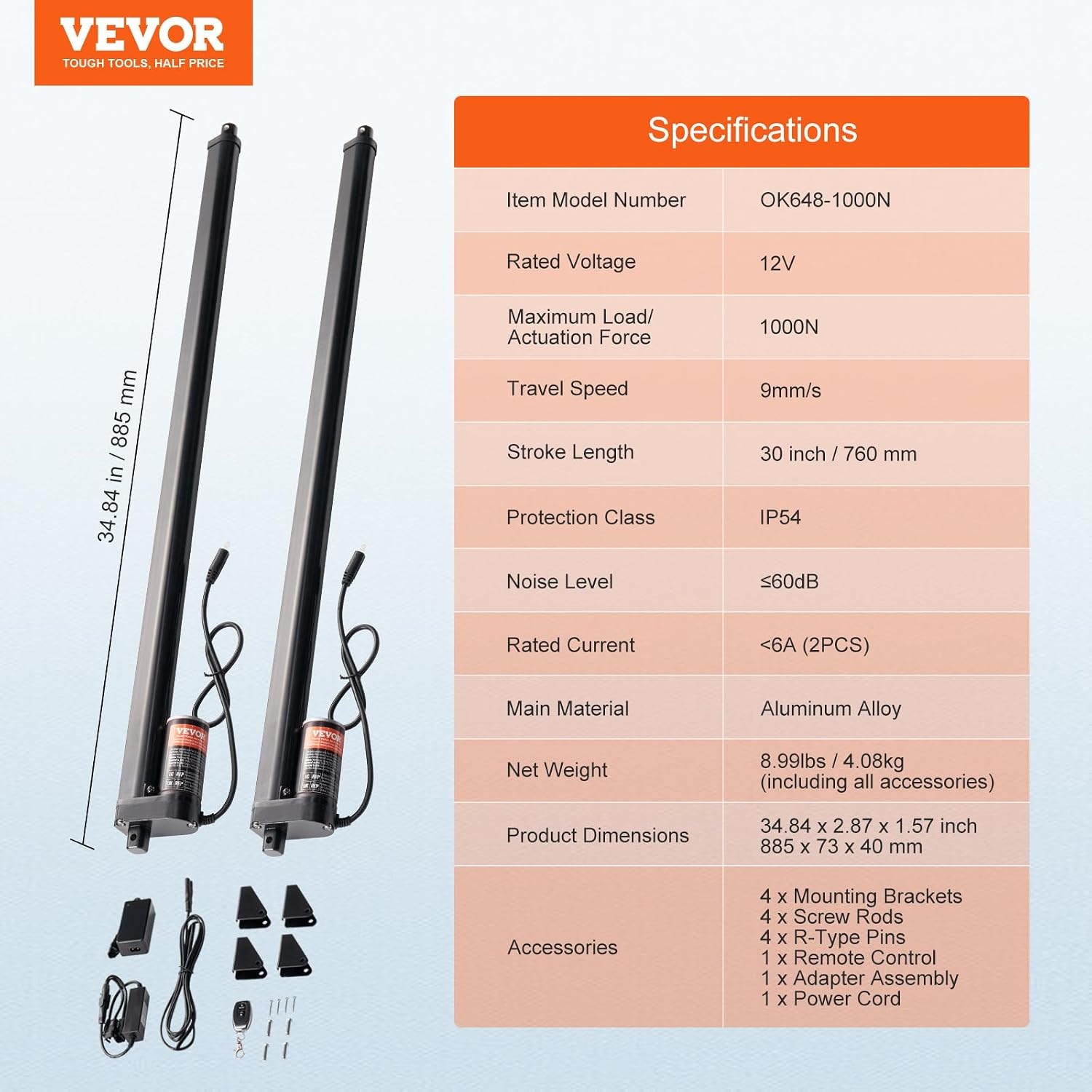 image:imageVEVOR Linear Actuator 12V 12 Inch High Speed 055s Linear Actuator 220lbs1000N Linear Motion Actuator with Mounting Bracket and IP54 Protection30 Inch