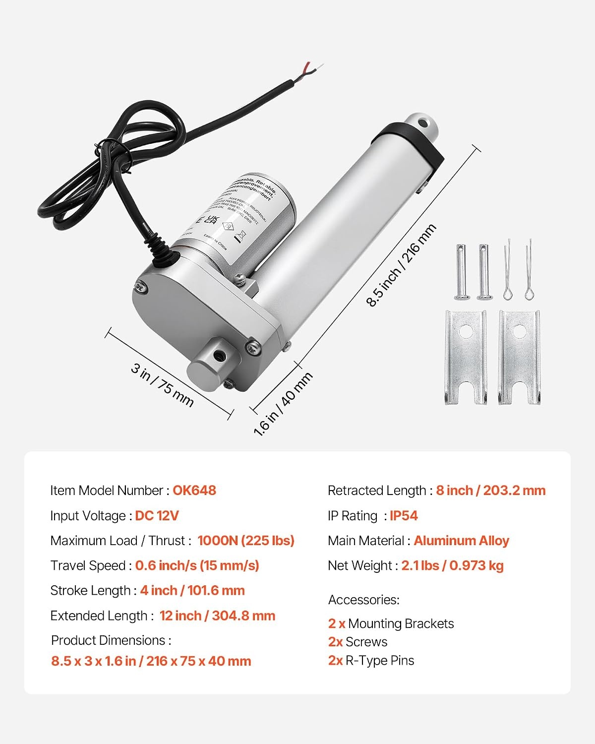 image:imageVEVOR Linear Actuator 12V 12 Inch High Speed 055s Linear Actuator 220lbs1000N Linear Motion Actuator with Mounting Bracket and IP54 Protection4 Inch