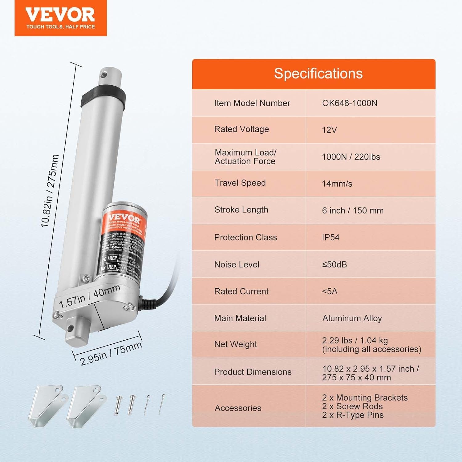 image:imageVEVOR Linear Actuator 12V 12 Inch High Speed 055s Linear Actuator 220lbs1000N Linear Motion Actuator with Mounting Bracket and IP54 Protection6 Inch