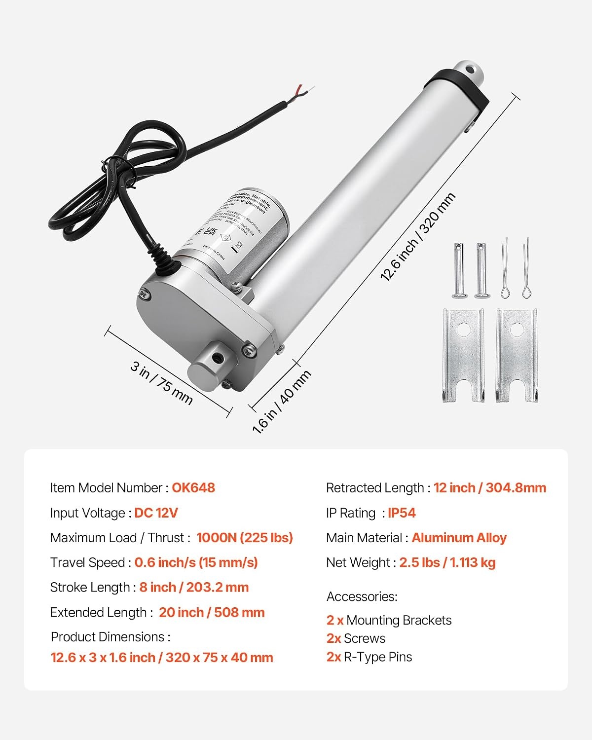 image:imageVEVOR Linear Actuator 12V 12 Inch High Speed 055s Linear Actuator 220lbs1000N Linear Motion Actuator with Mounting Bracket and IP54 Protection8 Inch