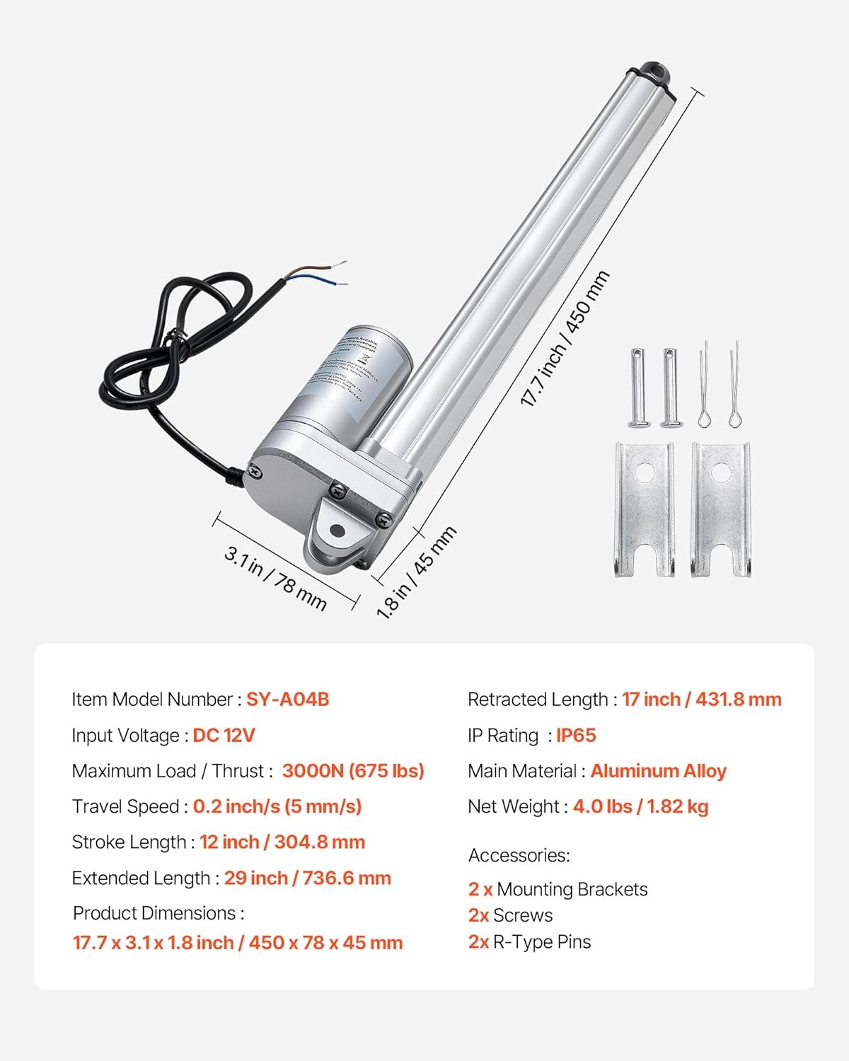 image:imageVEVOR Linear Actuator 12V 20 Inch Waterproof IP65 Linear Actuator 660lbs3000N 019s Linear Motion Actuator with Mounting Bracket for Outdoor Use12 Inch