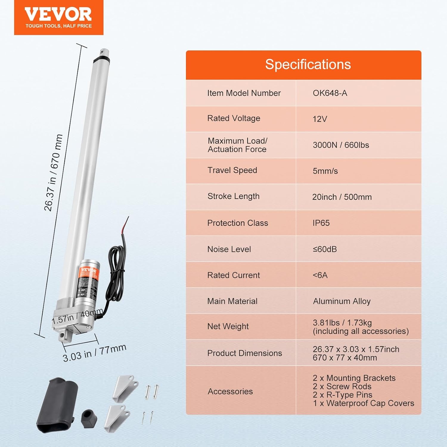 image:imageVEVOR Linear Actuator 12V 20 Inch Waterproof IP65 Linear Actuator 660lbs3000N 019s Linear Motion Actuator with Mounting Bracket for Outdoor Use20 Inch