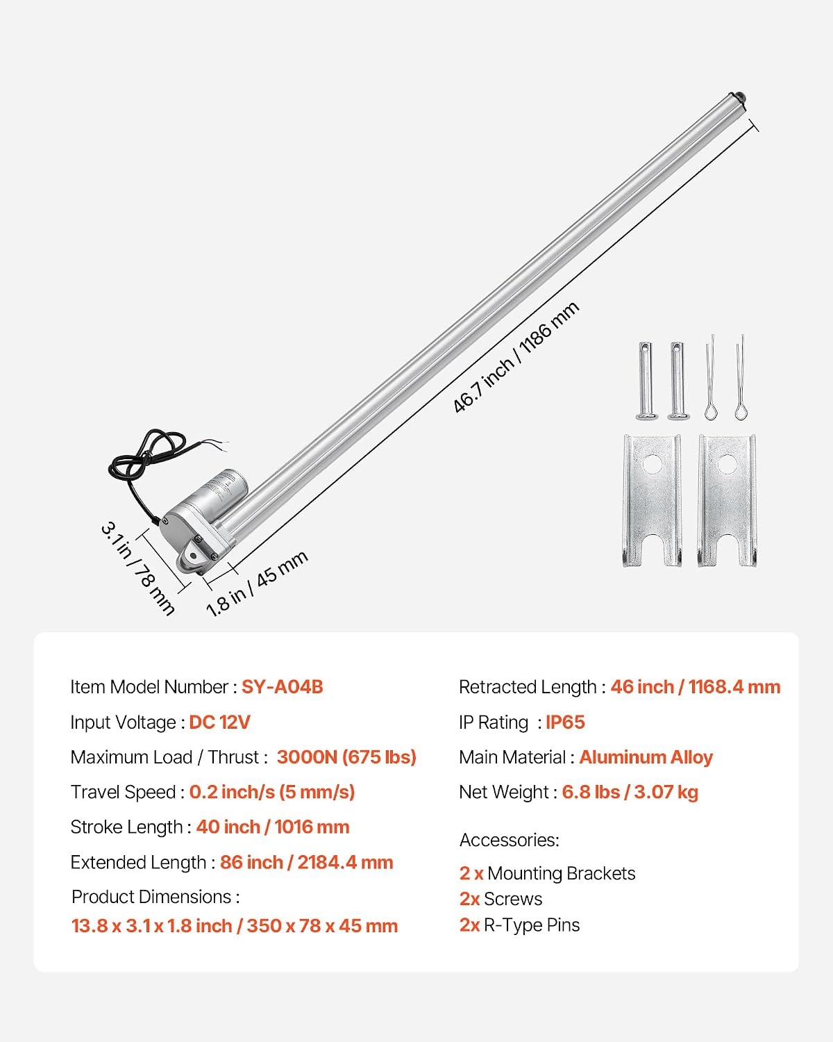 image:imageVEVOR Linear Actuator 12V 20 Inch Waterproof IP65 Linear Actuator 660lbs3000N 019s Linear Motion Actuator with Mounting Bracket for Outdoor Use40 Inch