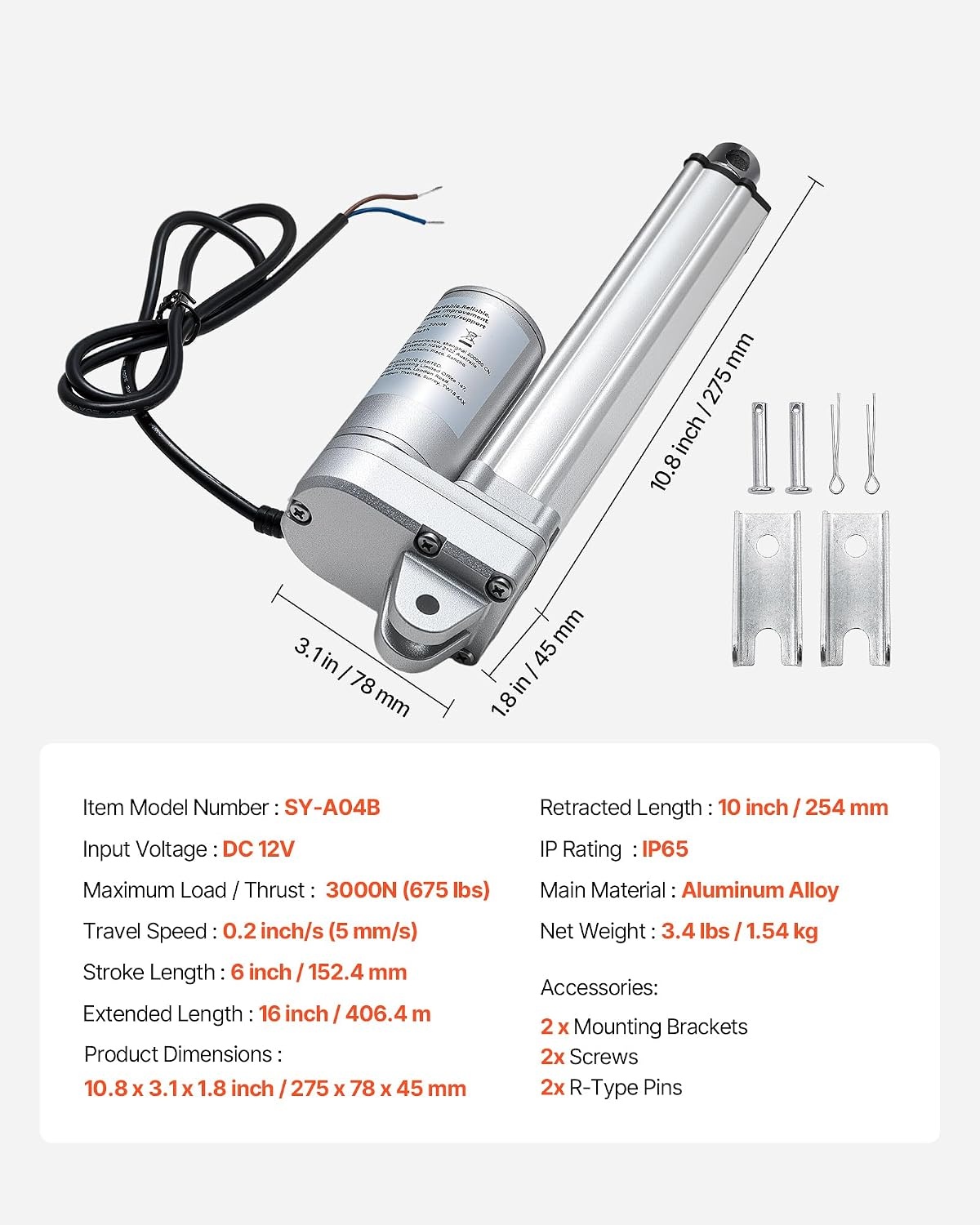 image:imageVEVOR Linear Actuator 12V 20 Inch Waterproof IP65 Linear Actuator 660lbs3000N 019s Linear Motion Actuator with Mounting Bracket for Outdoor Use6 Inch