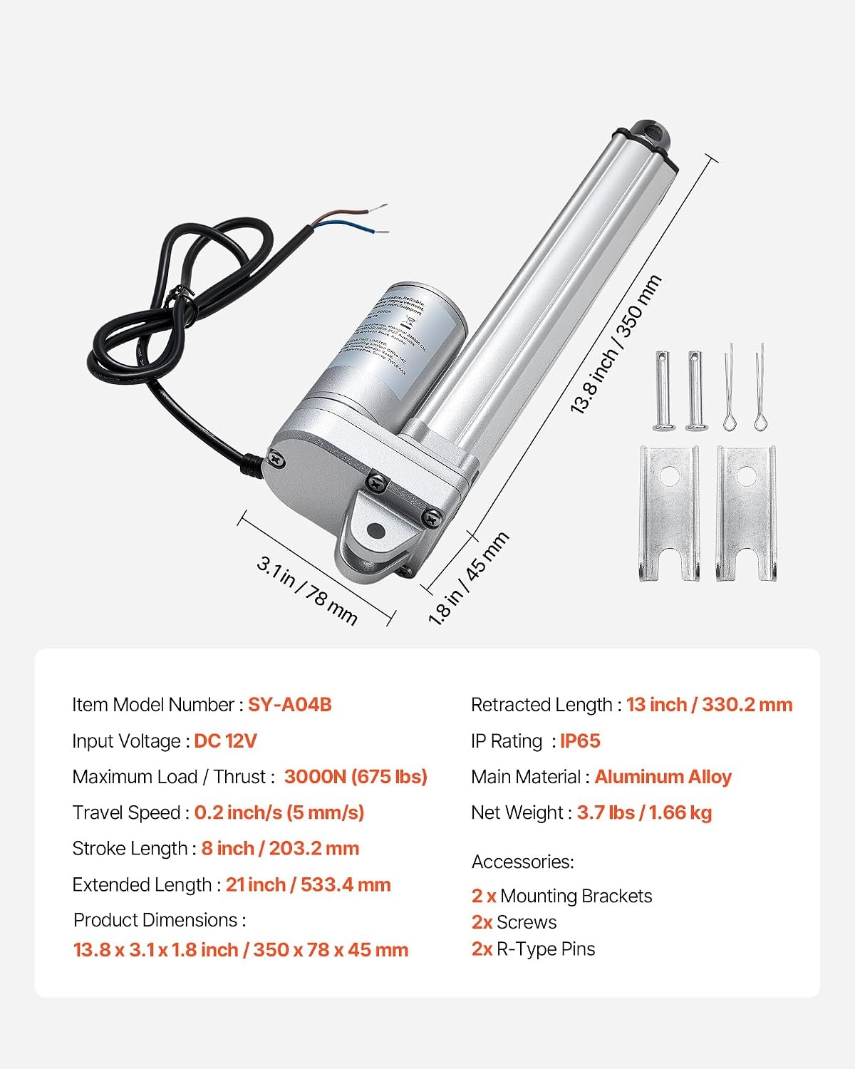 image:imageVEVOR Linear Actuator 12V 20 Inch Waterproof IP65 Linear Actuator 660lbs3000N 019s Linear Motion Actuator with Mounting Bracket for Outdoor Use8 Inch