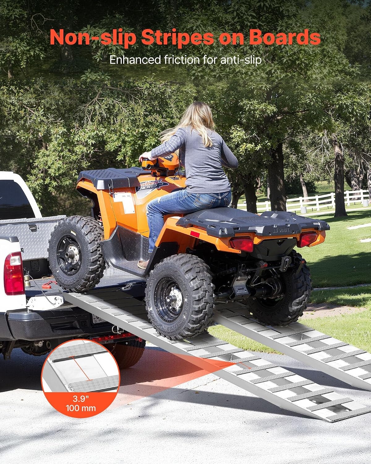 image:imageVEVOR Loading Ramps 2 Pcs 108 x 15 in Durable Aluminum and HeavyDuty Trailer Ramp Set with AntiSlip Plates 10000 Lbs Combined Capacity for Carts Farm Tractors ATVs Lawn Mowers Motorcycles