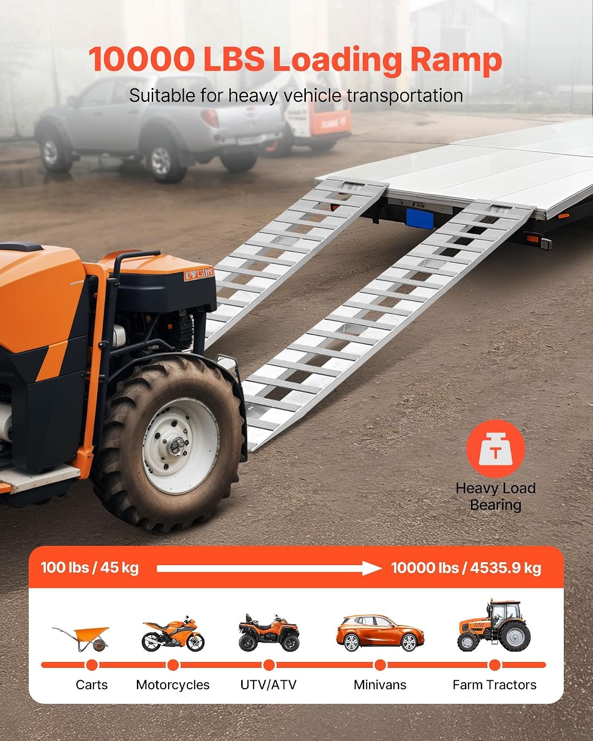 image:imageVEVOR Loading Ramps 2 Pcs 108 x 15 in Durable Aluminum and HeavyDuty Trailer Ramp Set with AntiSlip Plates 10000 Lbs Combined Capacity for Carts Farm Tractors ATVs Lawn Mowers Motorcycles