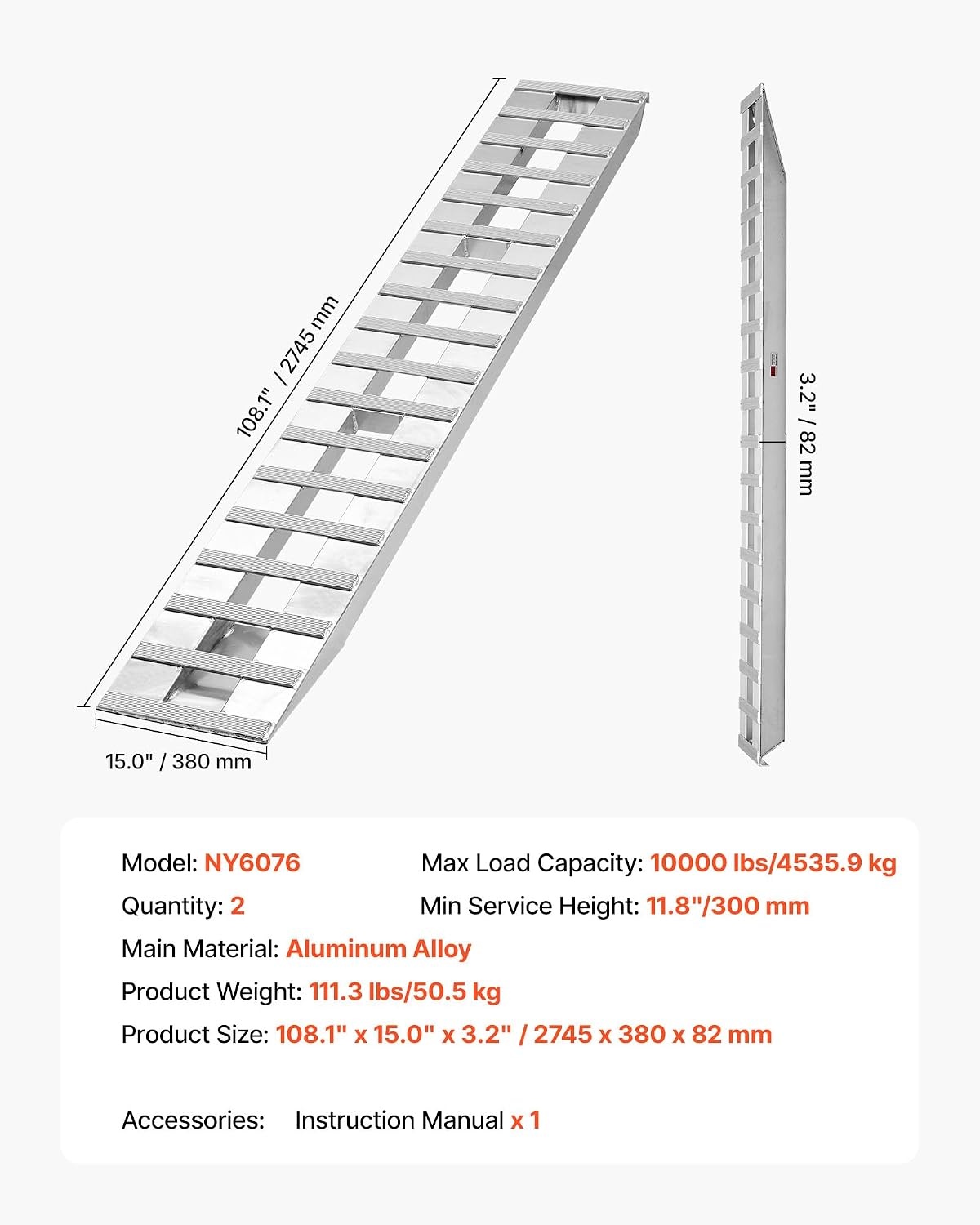 image:imageVEVOR Loading Ramps 2 Pcs 108 x 15 in Durable Aluminum and HeavyDuty Trailer Ramp Set with AntiSlip Plates 10000 Lbs Combined Capacity for Carts Farm Tractors ATVs Lawn Mowers Motorcycles