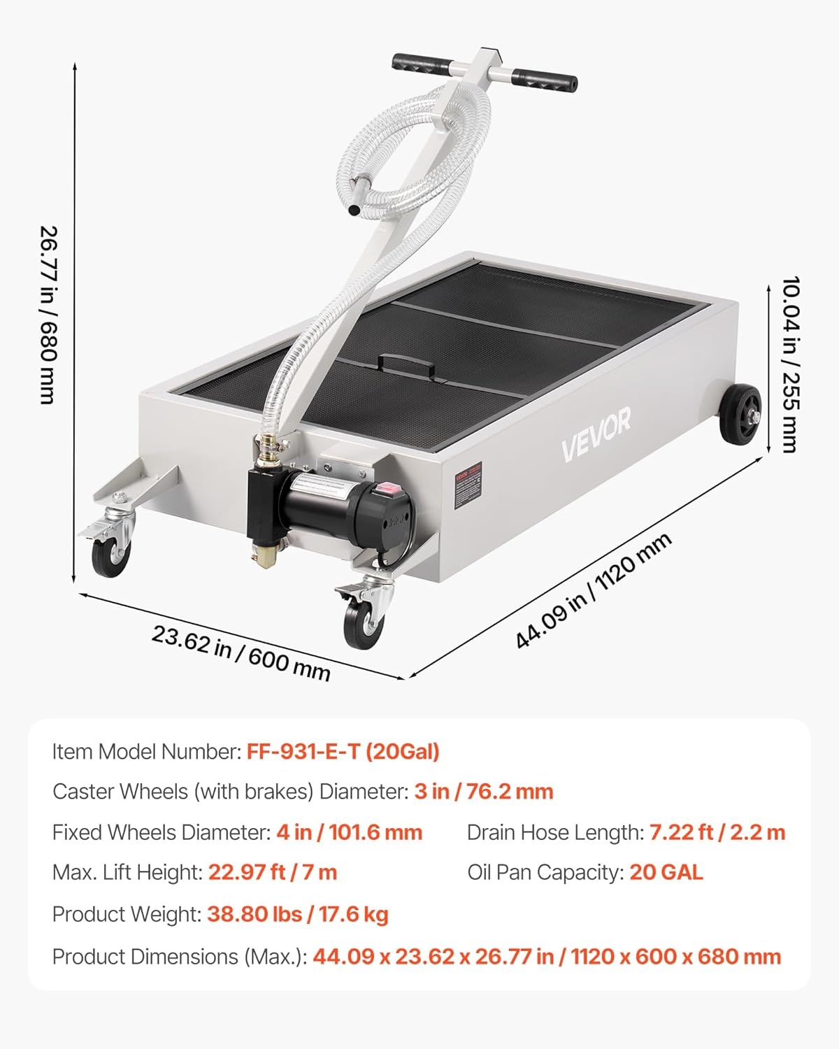 image:imageVEVOR Low Profile Electric Oil Drain Pan 20 Gal Capacity Rolling Oil Drain Pan with 110V HighFlow Pump 72 ft Hose amp T Folding Handle Leakproof amp Corrosionresistant Fit for Trucks ATVs Whitewhite