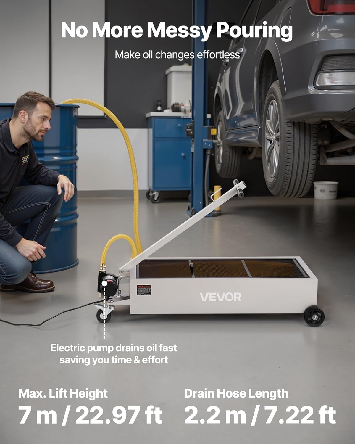 image:imageVEVOR Low Profile Electric Oil Drain Pan 20 Gal Capacity Rolling Oil Drain Pan with 110V HighFlow Pump 72 ft Hose amp T Folding Handle Leakproof amp Corrosionresistant Fit for Trucks ATVs Whitewhite