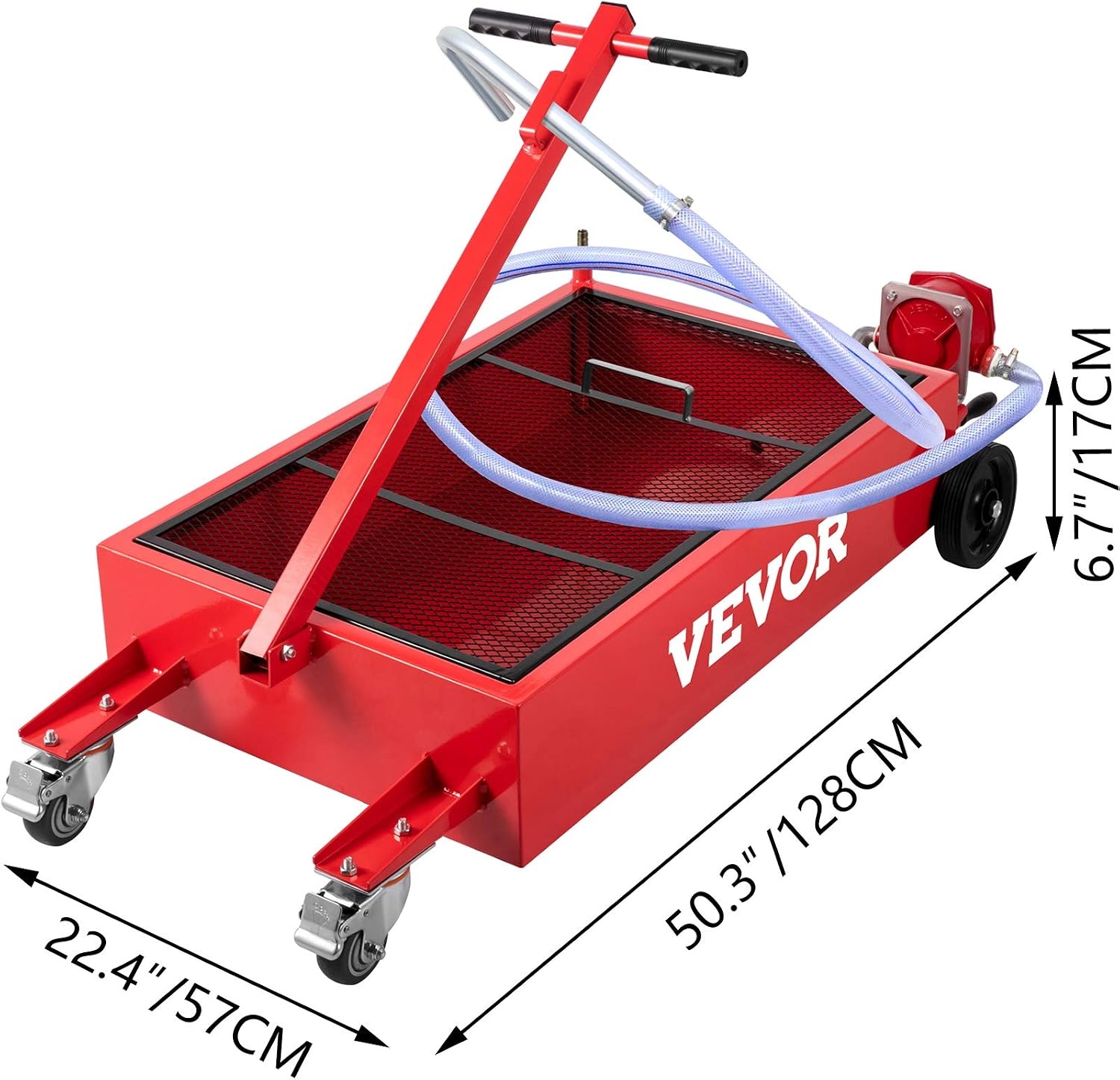image:imageVEVOR Low Profile Electric Oil Drain Pan 20 Gal Capacity Rolling Oil Drain Pan with 110V HighFlow Pump 72 ft Hose amp T Folding Handle Leakproof amp Corrosionresistant Fit for Trucks ATVs WhiteRed