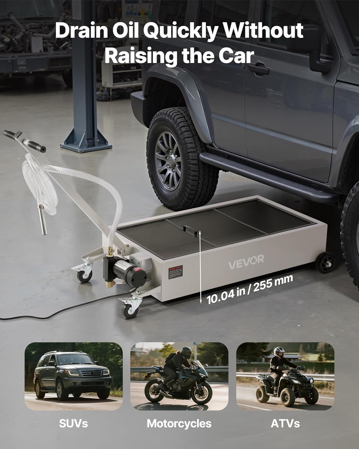 image:imageVEVOR Low Profile Electric Oil Drain Pan 20 Gal Capacity Rolling Oil Drain Pan with 110V HighFlow Pump 72 ft Hose amp T Folding Handle Leakproof amp Corrosionresistant Fit for Trucks ATVs Whitewhite