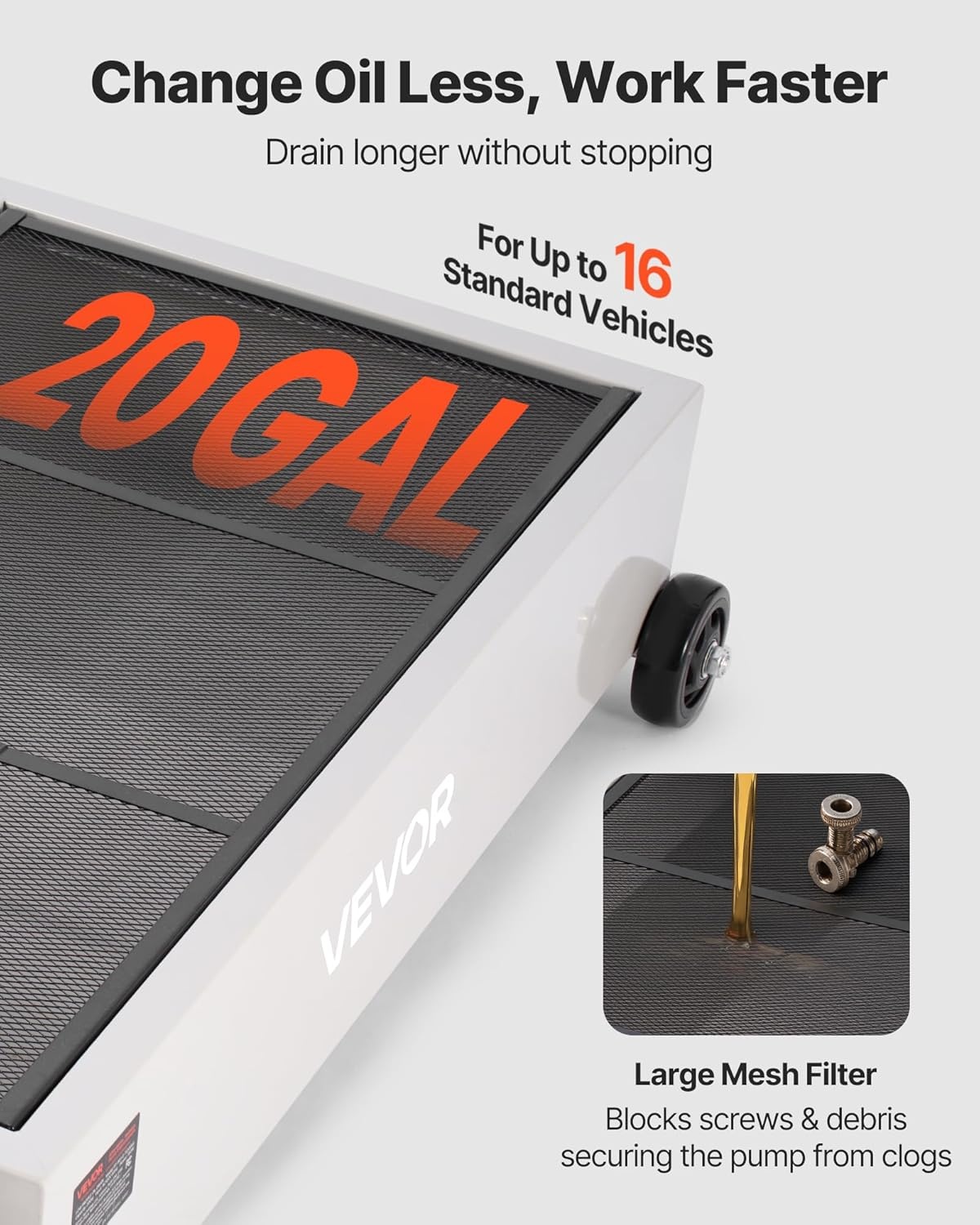 image:imageVEVOR Low Profile Electric Oil Drain Pan 20 Gal Capacity Rolling Oil Drain Pan with 110V HighFlow Pump 72 ft Hose amp T Folding Handle Leakproof amp Corrosionresistant Fit for Trucks ATVs Whitewhite
