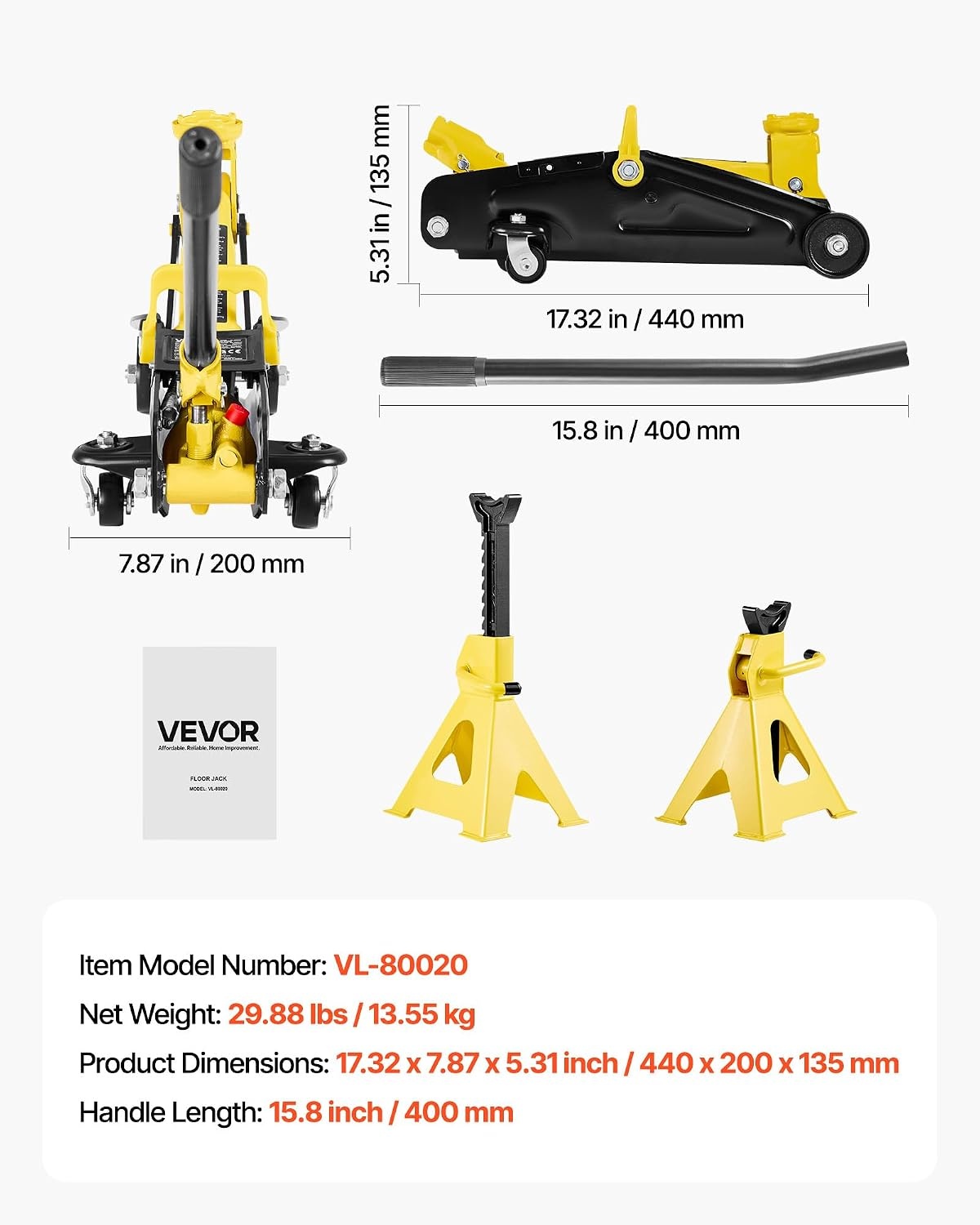 image:imageVEVOR Low Profile Floor Jack 2 Ton 4400 lbs Capacity Steel Racing Floor Jack with Stands Single Piston Quick Lift Pump Hydraulic Trolley Car Lift for Compact SUVs Lifting Range 51122 Inches