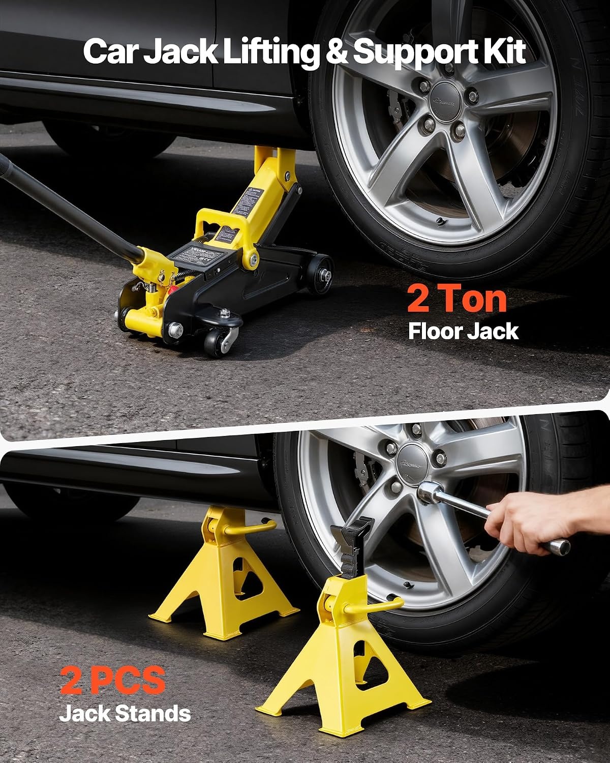 image:imageVEVOR Low Profile Floor Jack 2 Ton 4400 lbs Capacity Steel Racing Floor Jack with Stands Single Piston Quick Lift Pump Hydraulic Trolley Car Lift for Compact SUVs Lifting Range 51122 Inches