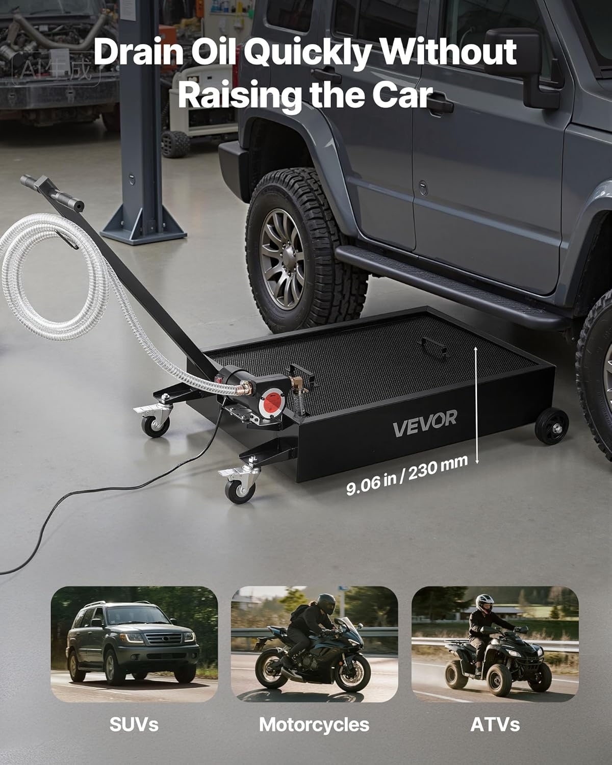 image:imageVEVOR Low Profile Oil Drain Pan 17 Gal Capacity Rolling Oil Drain Pan with 110V HighFlow Electric Pump 72 ft Hose amp T Folding Handle LeakProof amp CorrosionResistant Fit for Trucks ATVs Red4134 x 2461 x 2598 in