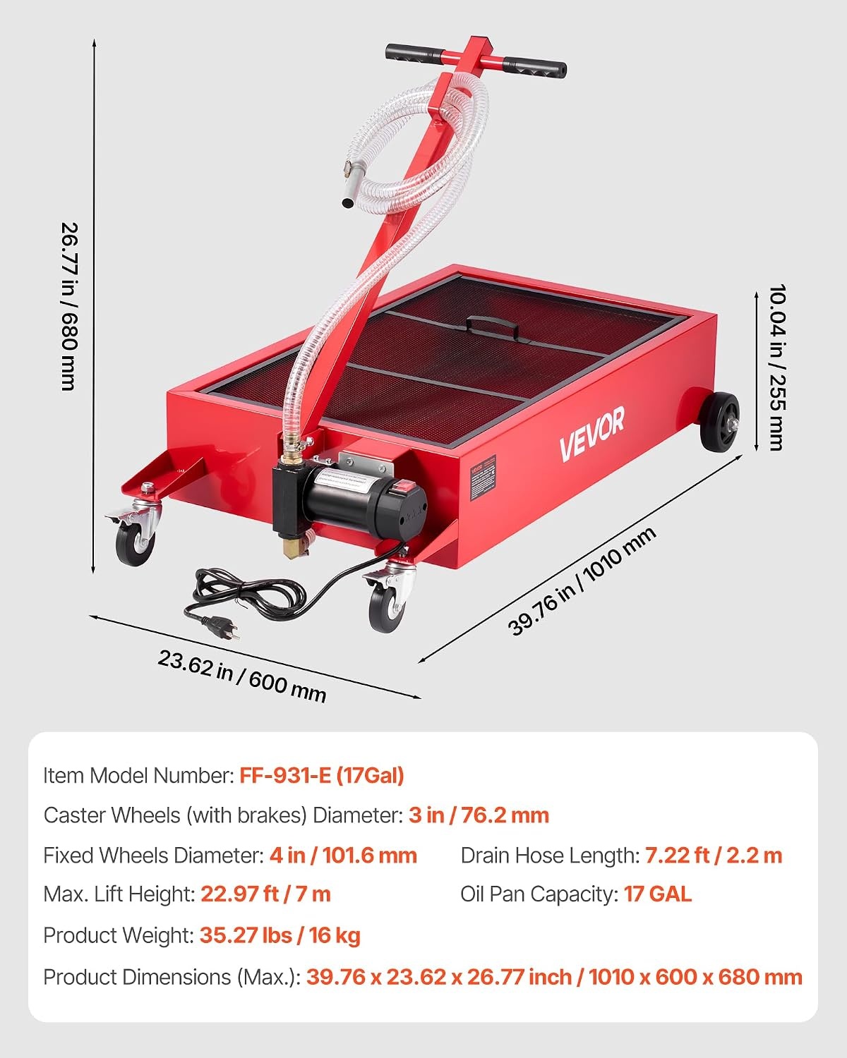 image:imageVEVOR Low Profile Oil Drain Pan 17 Gal Capacity Rolling Oil Drain Pan with 110V HighFlow Electric Pump 72 ft Hose amp T Folding Handle LeakProof amp CorrosionResistant Fit for Trucks ATVs Red3976 x 2362 x 2677 in