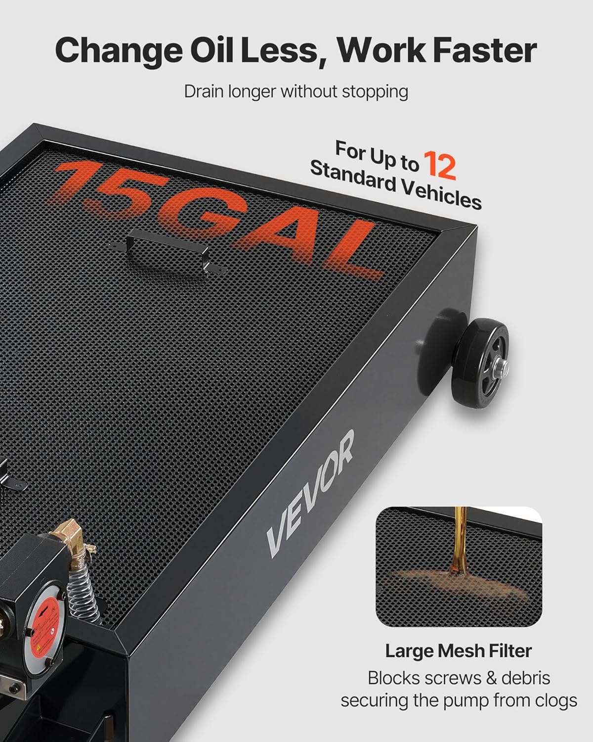 image:imageVEVOR Low Profile Oil Drain Pan 17 Gal Capacity Rolling Oil Drain Pan with 110V HighFlow Electric Pump 72 ft Hose amp T Folding Handle LeakProof amp CorrosionResistant Fit for Trucks ATVs Red4134 x 2461 x 2598 in