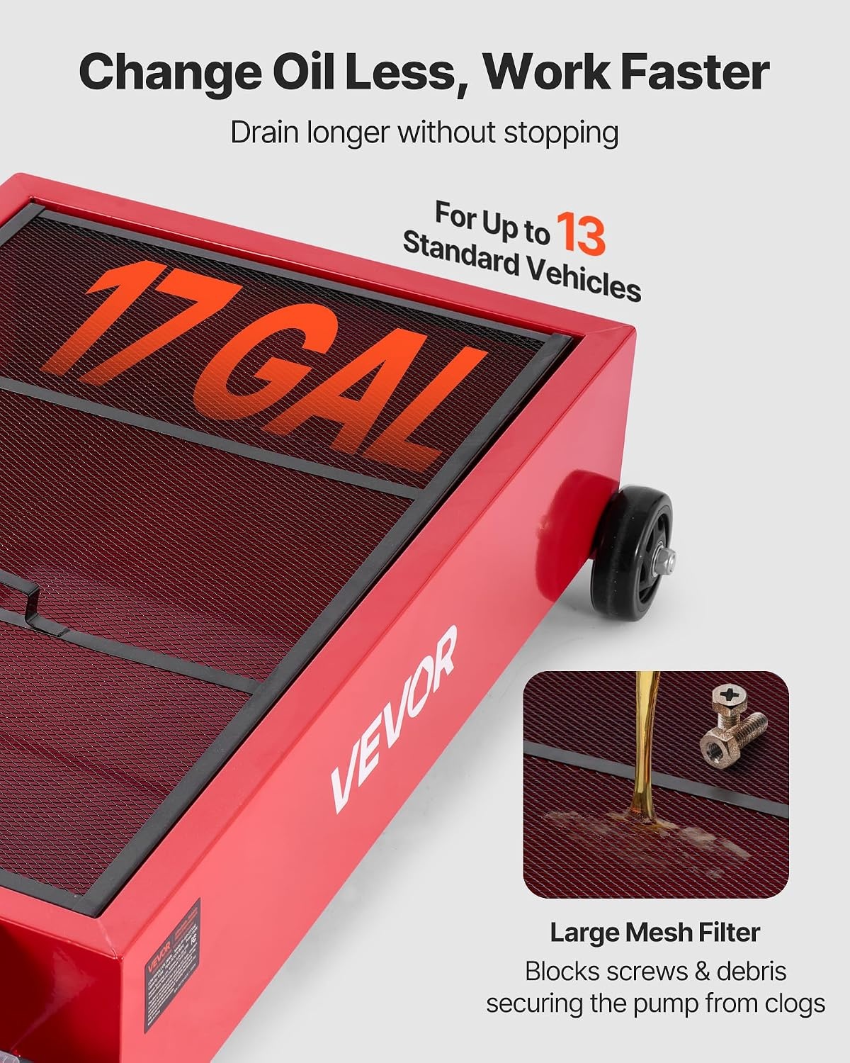 image:imageVEVOR Low Profile Oil Drain Pan 17 Gal Capacity Rolling Oil Drain Pan with 110V HighFlow Electric Pump 72 ft Hose amp T Folding Handle LeakProof amp CorrosionResistant Fit for Trucks ATVs Red3976 x 2362 x 2677 in