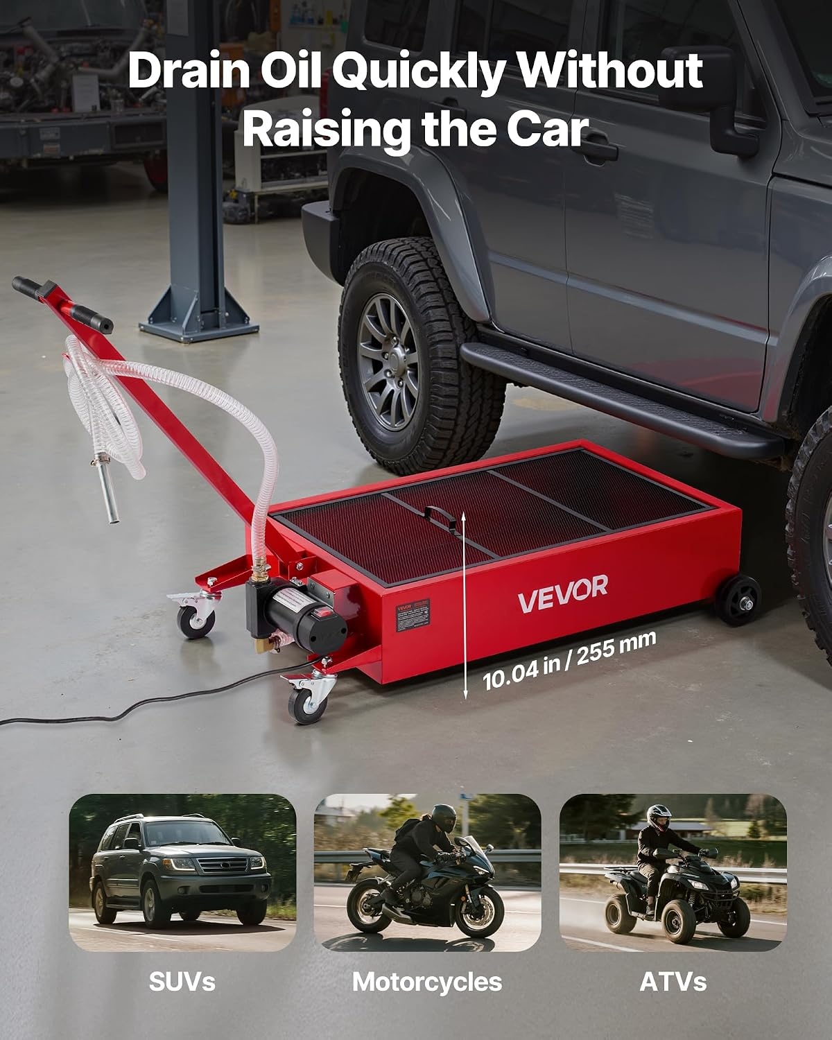 image:imageVEVOR Low Profile Oil Drain Pan 17 Gal Capacity Rolling Oil Drain Pan with 110V HighFlow Electric Pump 72 ft Hose amp T Folding Handle LeakProof amp CorrosionResistant Fit for Trucks ATVs Red3976 x 2362 x 2677 in