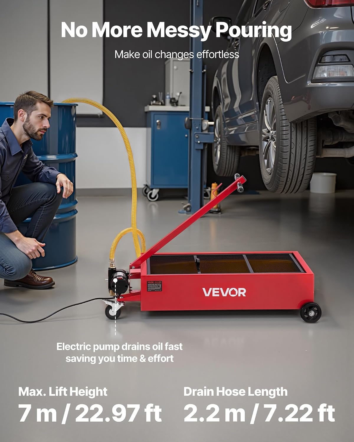 image:imageVEVOR Low Profile Oil Drain Pan 17 Gal Capacity Rolling Oil Drain Pan with 110V HighFlow Electric Pump 72 ft Hose amp T Folding Handle LeakProof amp CorrosionResistant Fit for Trucks ATVs Red3976 x 2362 x 2677 in