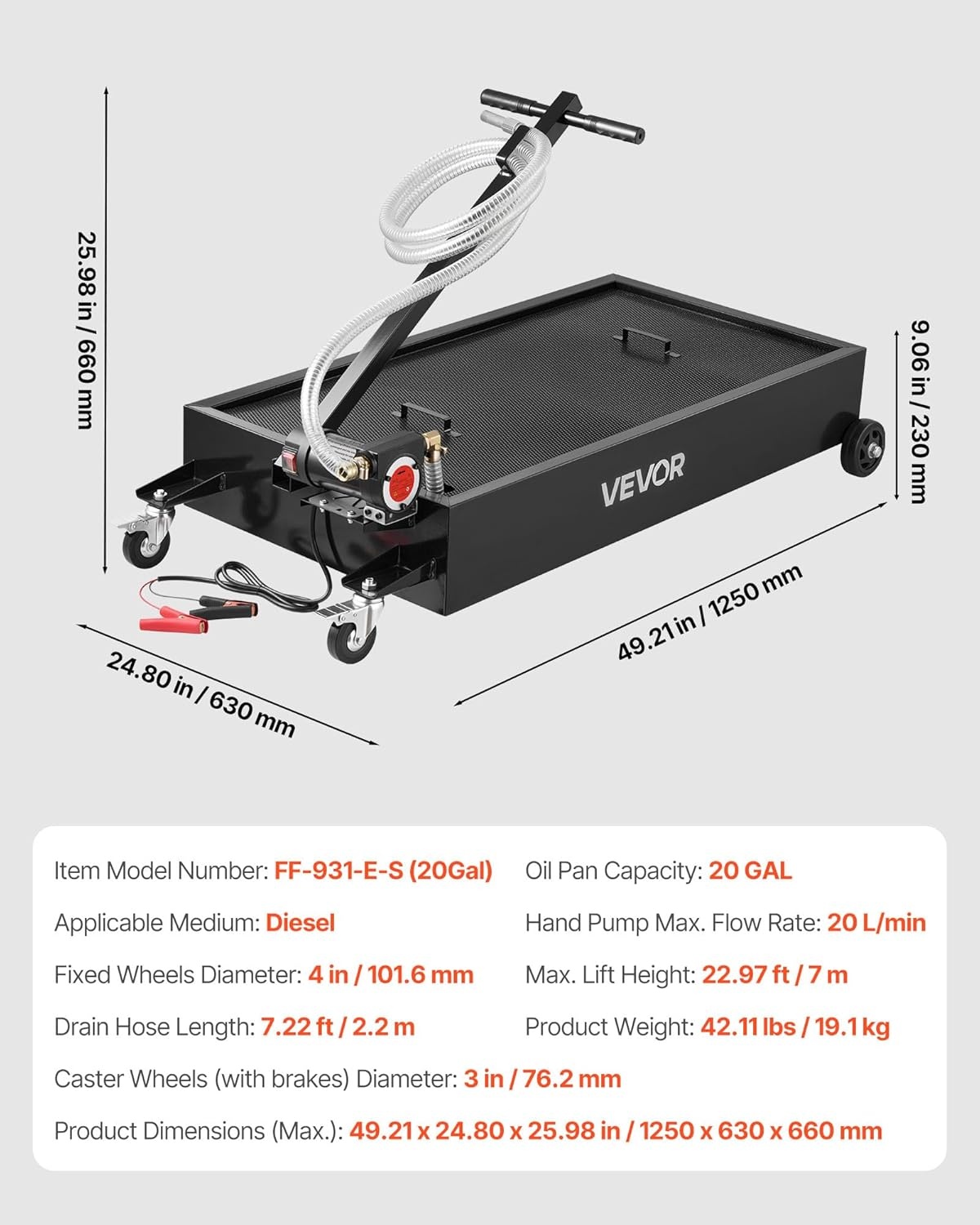 image:imageVEVOR Low Profile Oil Drain Pan 17 Gal Capacity Rolling Oil Drain Pan with 110V HighFlow Electric Pump 72 ft Hose amp T Folding Handle LeakProof amp CorrosionResistant Fit for Trucks ATVs Red4921 x 2480 x 2598 in