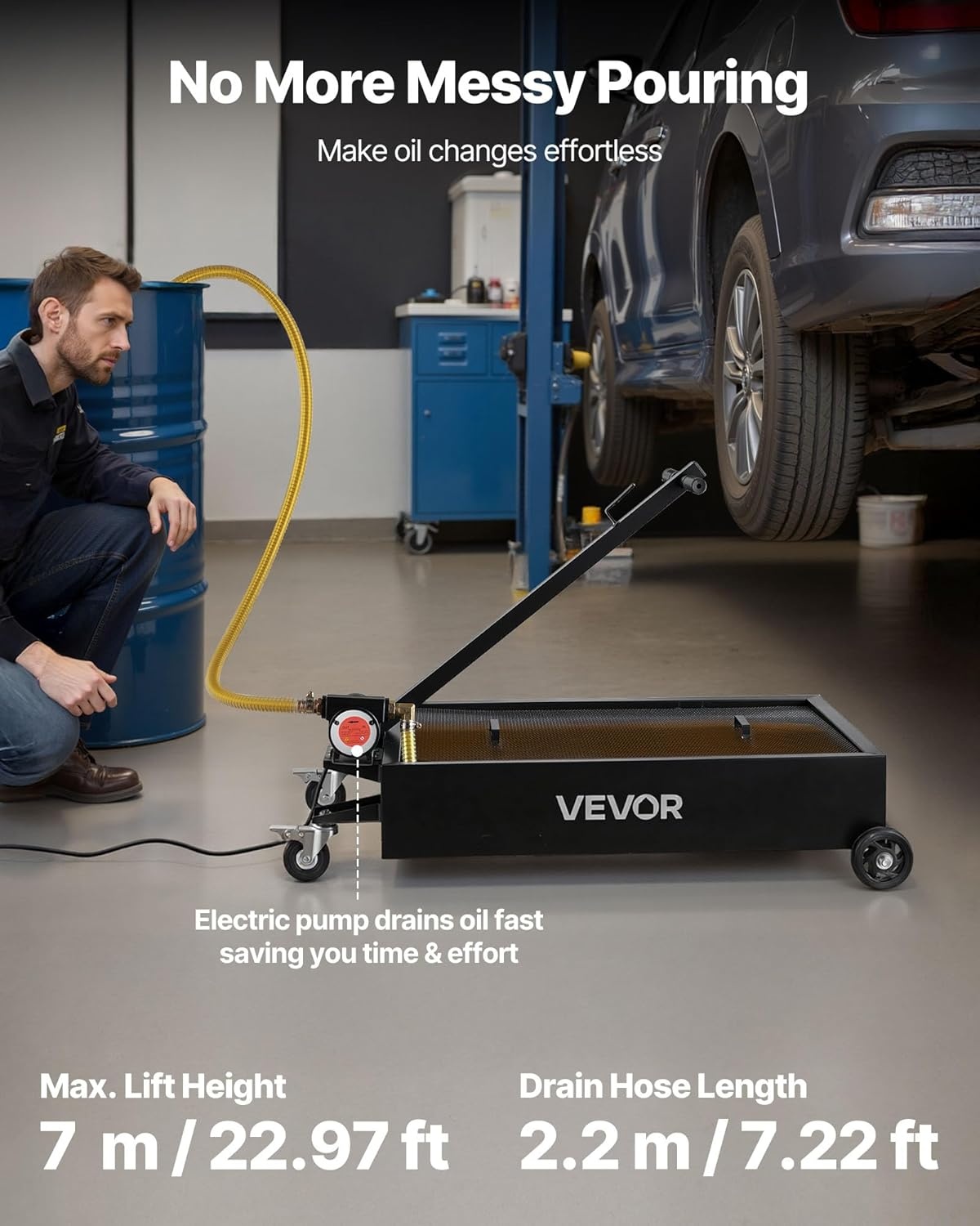 image:imageVEVOR Low Profile Oil Drain Pan 17 Gal Capacity Rolling Oil Drain Pan with 110V HighFlow Electric Pump 72 ft Hose amp T Folding Handle LeakProof amp CorrosionResistant Fit for Trucks ATVs Red4134 x 2461 x 2598 in