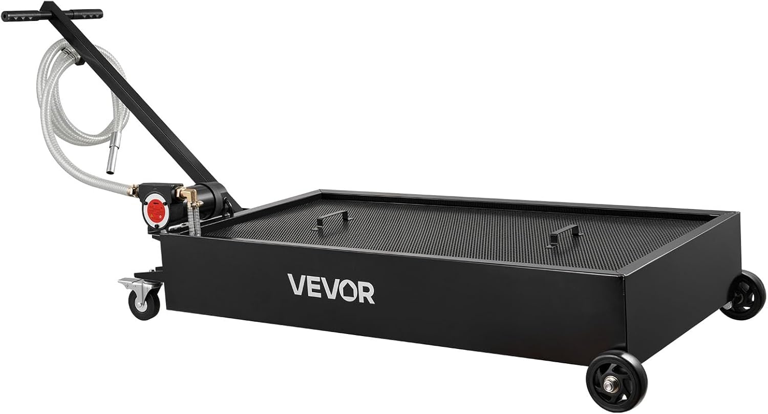 image:imageVEVOR Low Profile Oil Drain Pan 17 Gal Capacity Rolling Oil Drain Pan with 110V HighFlow Electric Pump 72 ft Hose amp T Folding Handle LeakProof amp CorrosionResistant Fit for Trucks ATVs Red4921 x 2480 x 2598 in