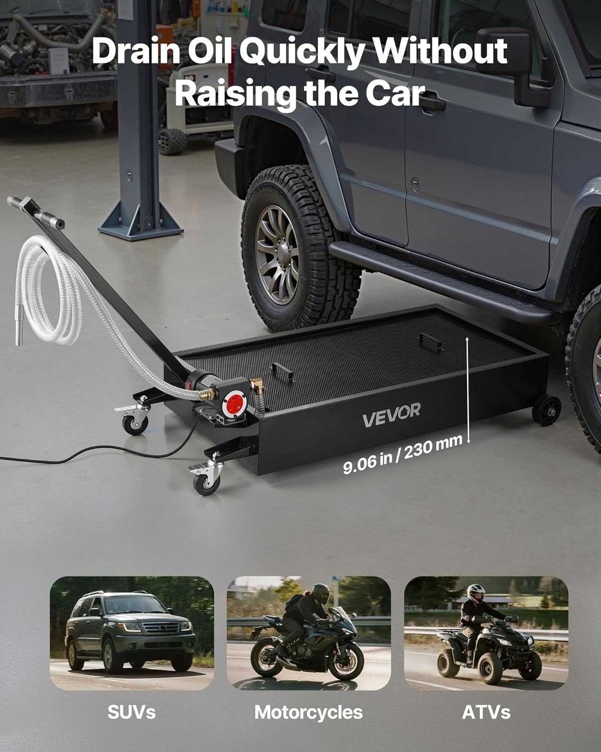image:imageVEVOR Low Profile Oil Drain Pan 17 Gal Capacity Rolling Oil Drain Pan with 110V HighFlow Electric Pump 72 ft Hose amp T Folding Handle LeakProof amp CorrosionResistant Fit for Trucks ATVs Red4921 x 2480 x 2598 in