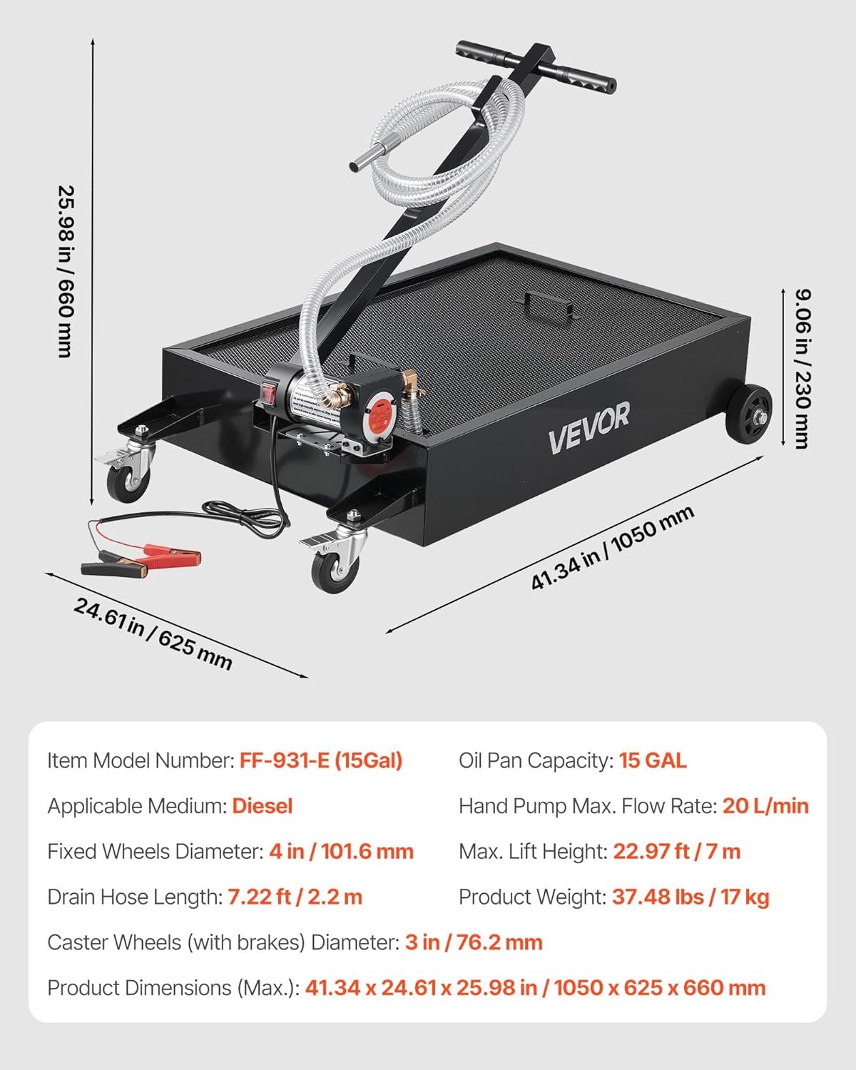 image:imageVEVOR Low Profile Oil Drain Pan 17 Gal Capacity Rolling Oil Drain Pan with 110V HighFlow Electric Pump 72 ft Hose amp T Folding Handle LeakProof amp CorrosionResistant Fit for Trucks ATVs Red4134 x 2461 x 2598 in