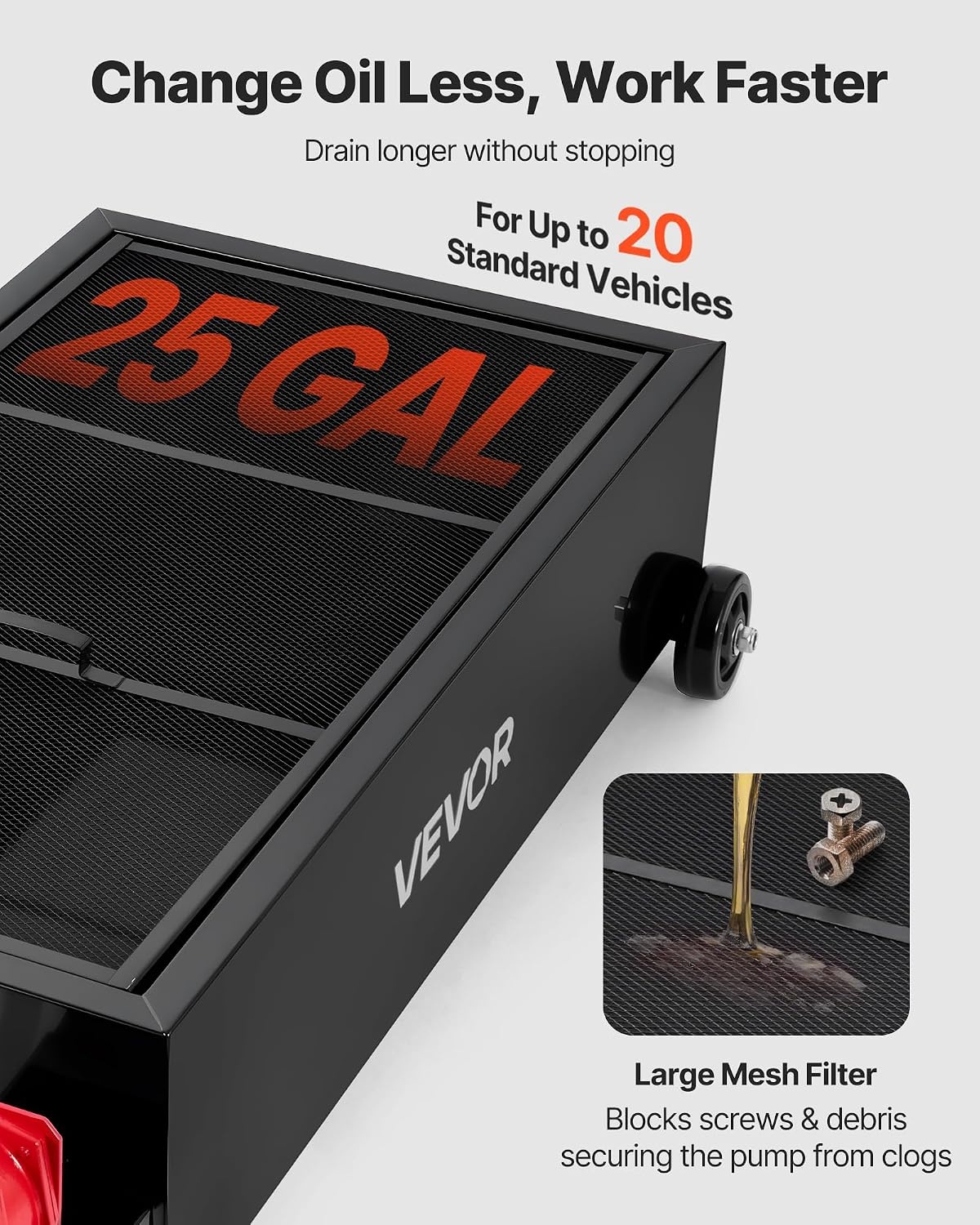 image:imageVEVOR Low Profile Oil Drain Pan 20 Gallon Capacity Rolling Oil Drain Pan with Manual Pump 72 ft Hose amp T Folding Handle LeakProof amp CorrosionResistant Fit for Cars SUVs Trucks ATVs Red25 Gallon